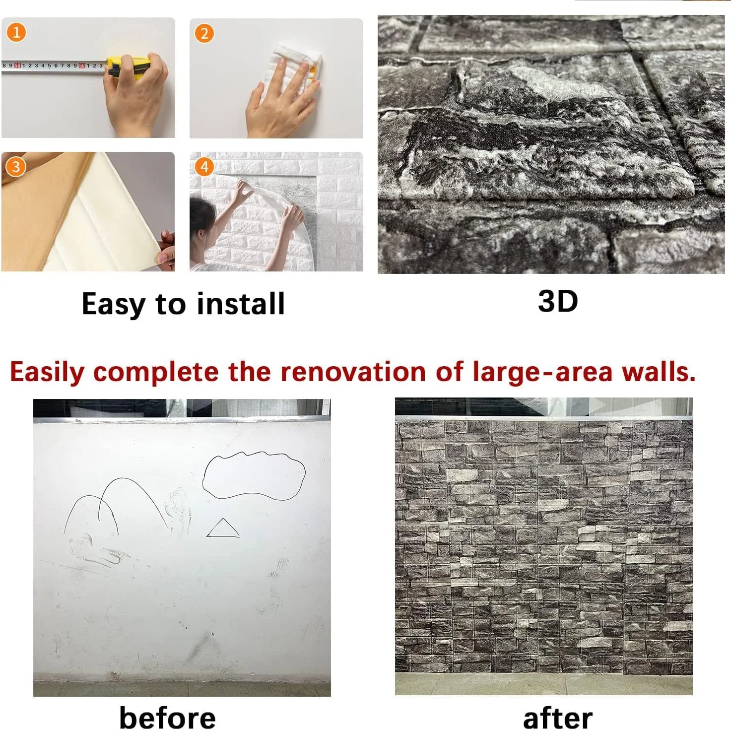 پنل دیواری سه بعدی STAYOUNG، بسته 12 عددی - استیکرهای دیواری فوم پلی اتیلن خود چسب برای دیوارها، دکوراسیون اتاق خواب، پوشش دیوار کثیف (مشکی، 1.25 متر مربع)