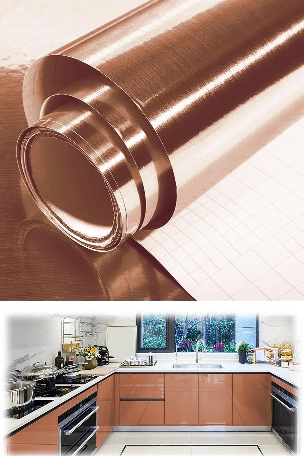 کاغذ دیواری رزگلد، کاغذ دیواری پوست و چسب، کاغذ دیواری طرح فلز استیل ضد زنگ، ضد آب، تمیز کردن آسان، خود چسب، وینیل، مناسب برای دکور کابینت آشپزخانه، 0.3x3 متر