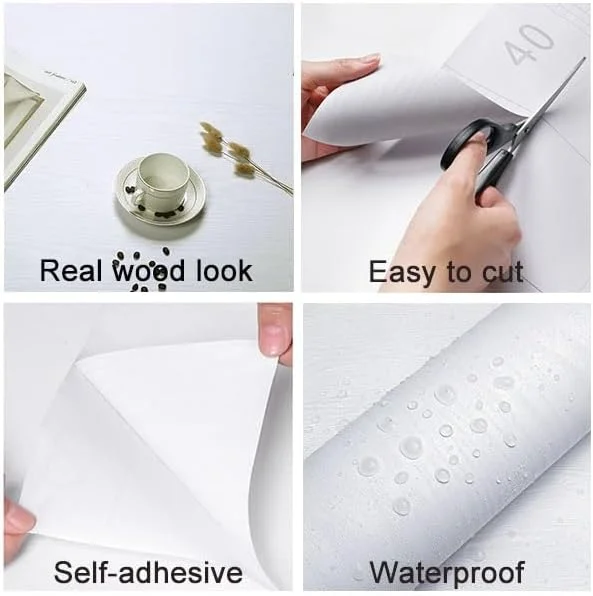 کاغذ دیواری طرح چوب سفید، سایز 40x600 سانتی متر، برچسبی و جدا شدنی، روکش دکوراتیو وینیل برای کابینت، پیشخوان و قفسه