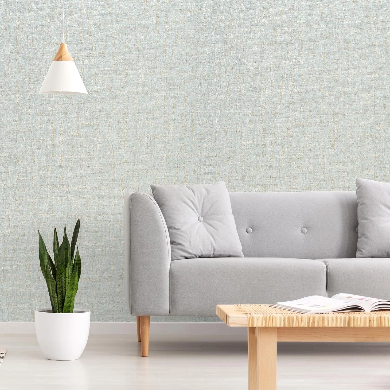 کاغذ دیواری طرح پارچه چمن VEELIKE، آبی روشن با بافت طلایی، برچسب جداشدنی، 40cmx300cm، خود چسب، وینیل ضخیم برای پوشش دیوار و مبلمان