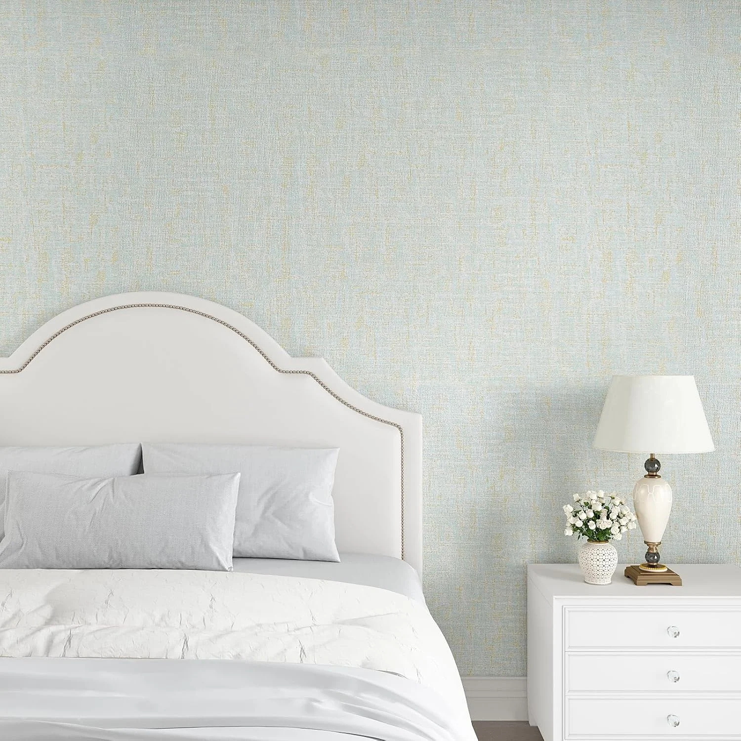 کاغذ دیواری طرح پارچه چمن VEELIKE، آبی روشن با بافت طلایی، برچسب جداشدنی، 40cmx300cm، خود چسب، وینیل ضخیم برای پوشش دیوار و مبلمان