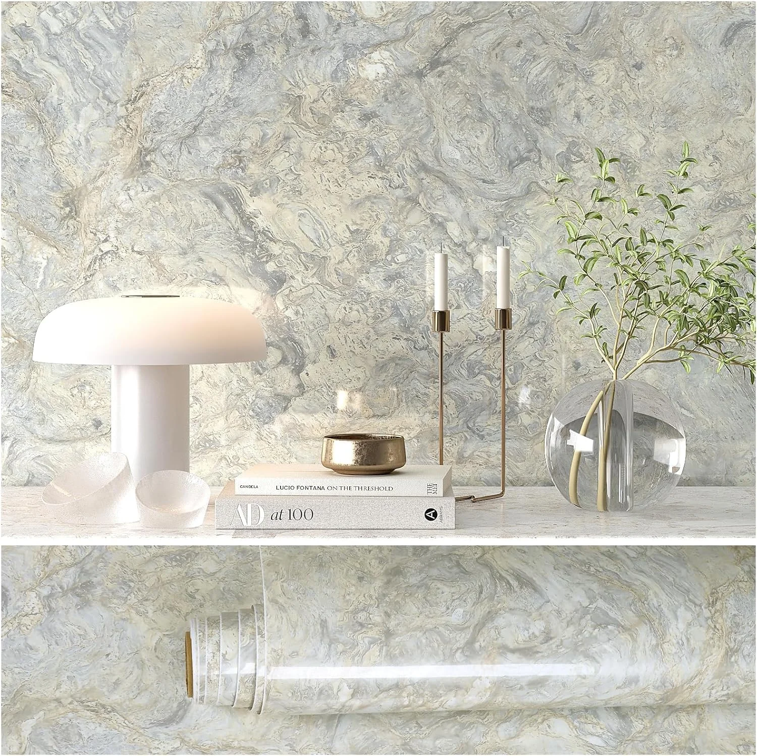 برچسب کاغذ دیواری طرح مرمر براق بژ و خاکستری VEELIKE - روکش وینیل مدرن 40cm×3m ضد آب و ضد خش، فیلم جداشدنی برای میز، مبلمان و DIY