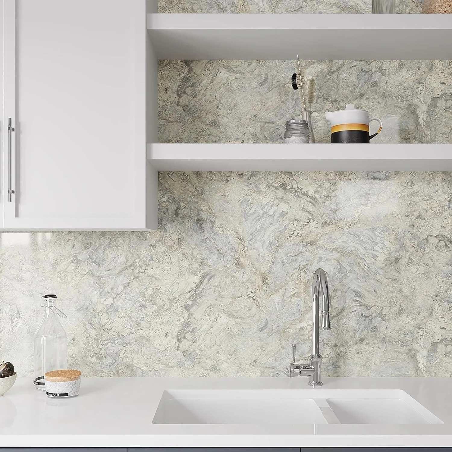 برچسب کاغذ دیواری طرح مرمر براق بژ و خاکستری VEELIKE - روکش وینیل مدرن 40cm×3m ضد آب و ضد خش، فیلم جداشدنی برای میز، مبلمان و DIY