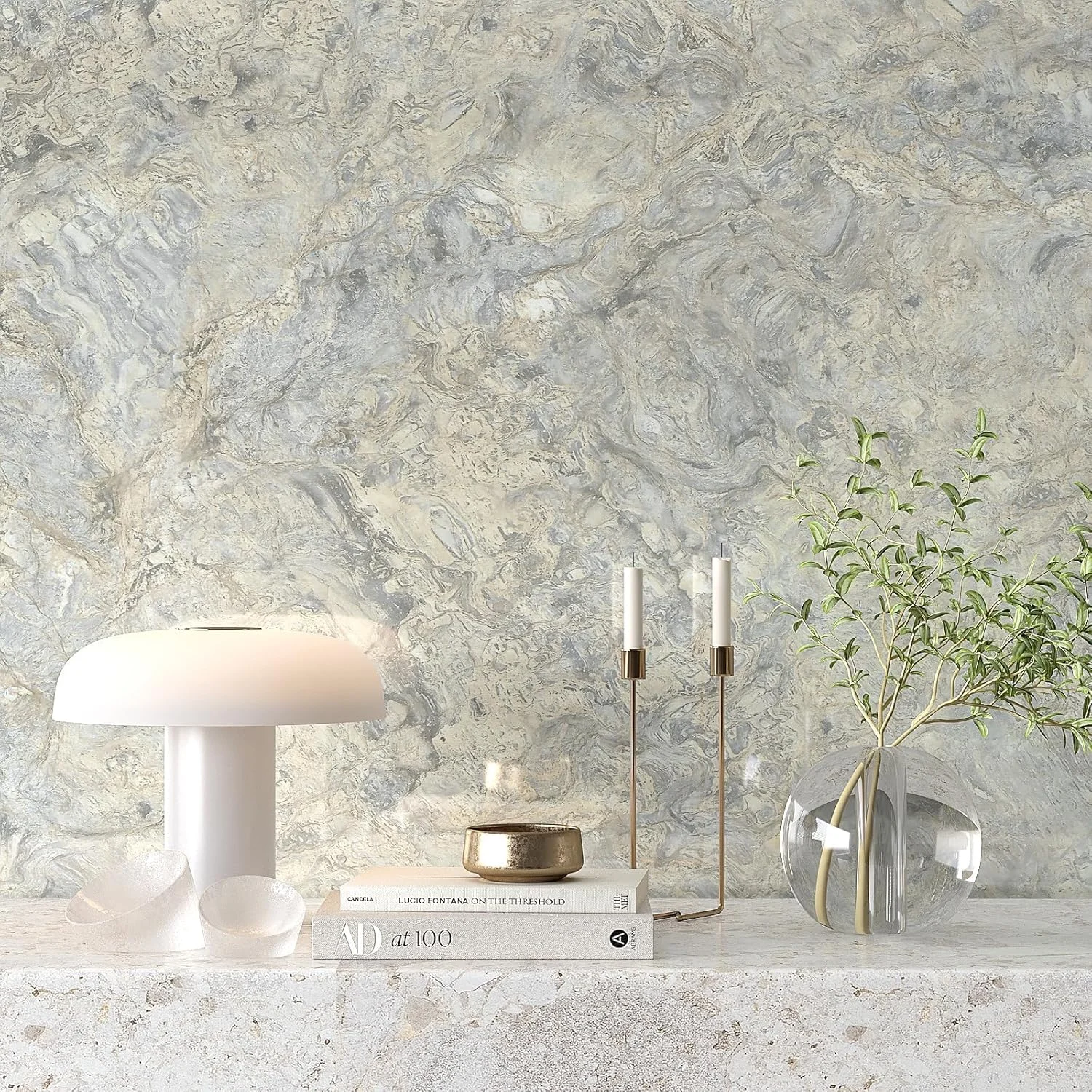 برچسب کاغذ دیواری طرح مرمر براق بژ و خاکستری VEELIKE - روکش وینیل مدرن 40cm×3m ضد آب و ضد خش، فیلم جداشدنی برای میز، مبلمان و DIY