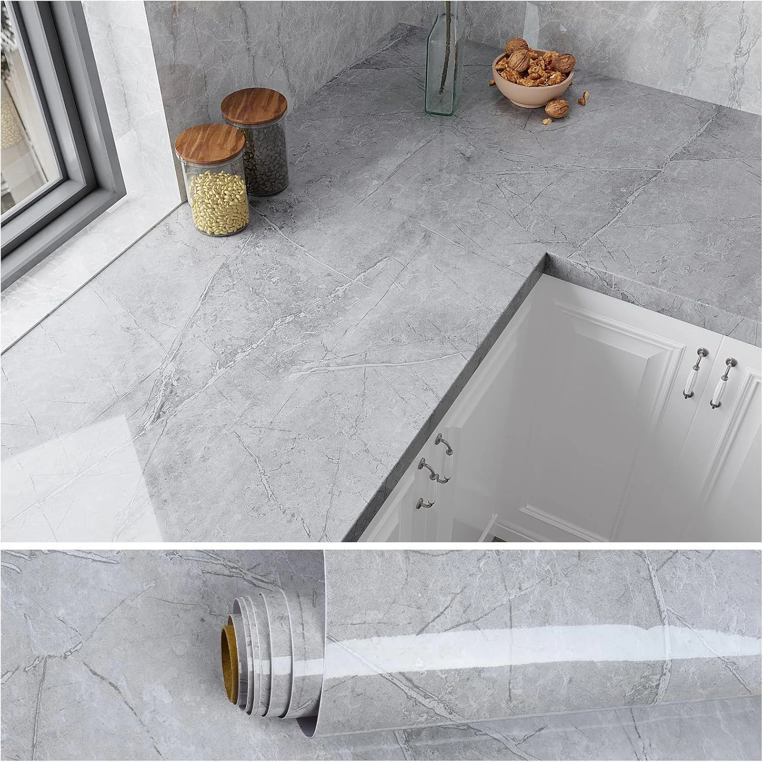 کاغذ دیواری طرح مرمر VEELIKE، برچسب خود چسب، ضد آب، وینیل خاکستری طرح مرمر، کاغذ دیواری قابل جابجایی 40x300 سانتی متر، ضخیم و براق برای دیوارها، مبلمان، پیشخوان