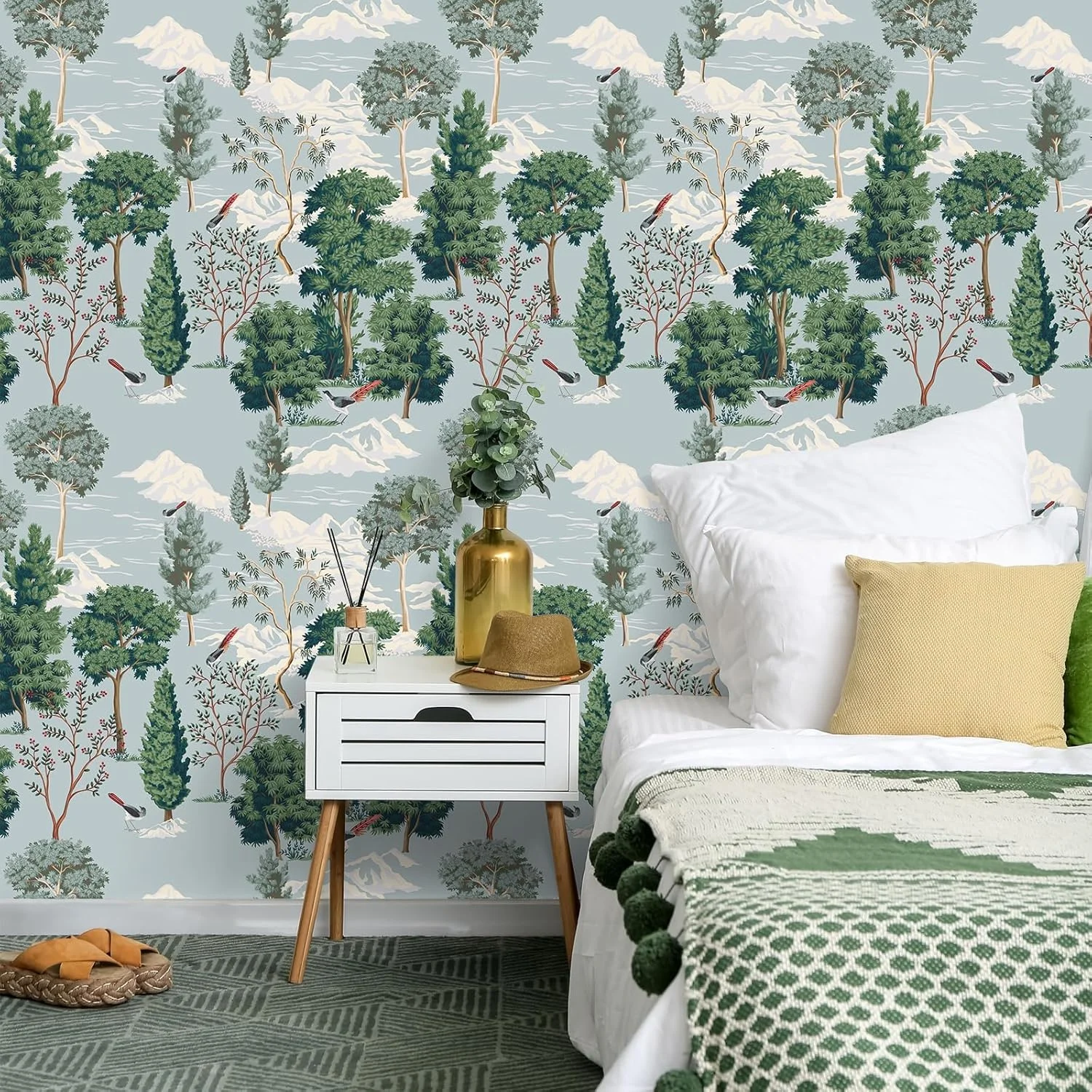 کاغذ دیواری طرح جنگل کوهستانی قدیمی ویلیک، پوست کنده و بچسبانید، کاغذ دیواری خود چسب وینیل با طرح گل بوهمی، دکور دیوارنگاره 44.45x300 سانتی متر برای اتاق خواب، حمام، آشپزخانه، ضد آب، قابل جابجایی