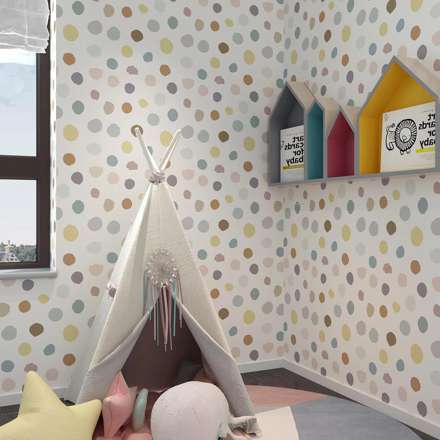 کاغذ دیواری اتاق کودک - طرح خال خالی چسبی، سایز 44.5x305 سانتی متر، قابل جابجایی و مناسب برای مستاجرها، مناسب برای دیوار اتاق خواب