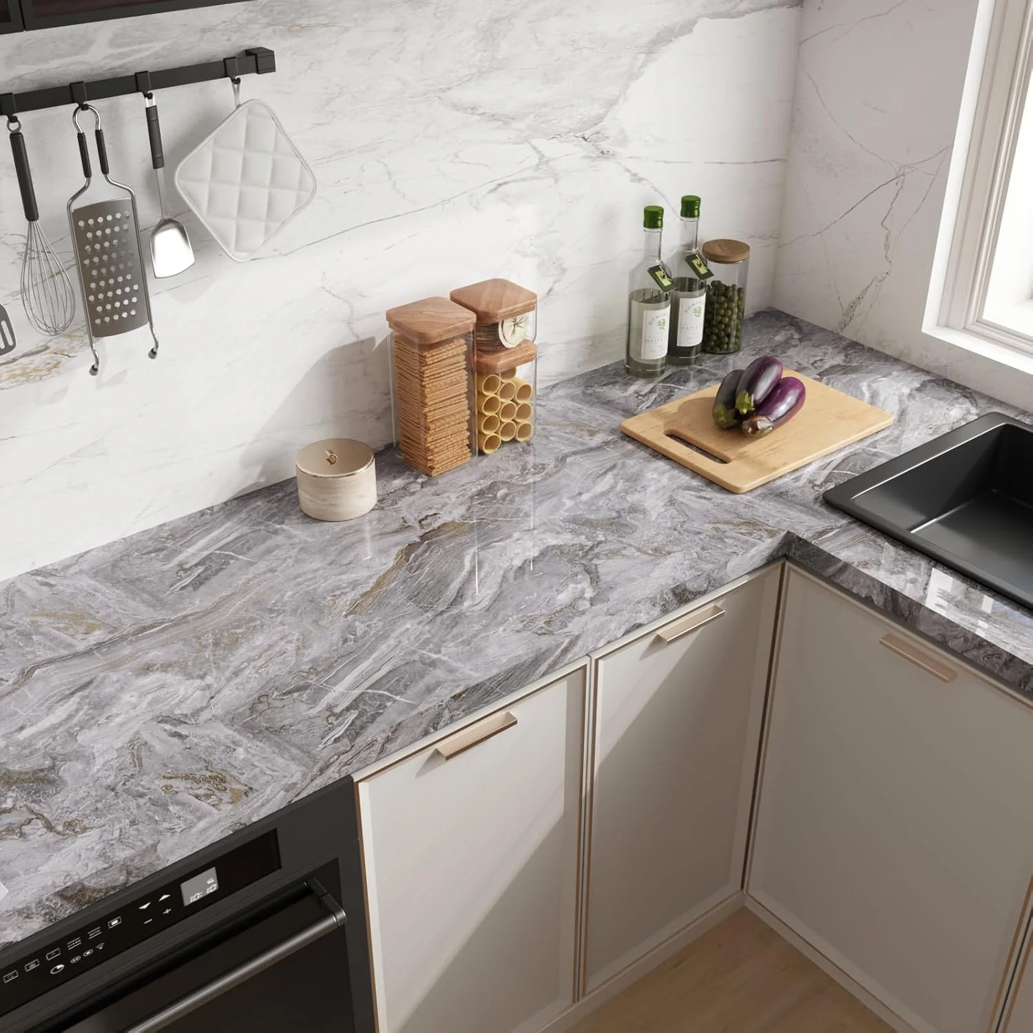 برچسب کاغذ دیواری طرح مرمر مایع خاکستری براق CRE8TIVE، روکش خود چسب برای سطوح ضد آب و مقاوم در برابر روغن، فیلم وینیل برای کابینت آشپزخانه، دیوار حمام، مبلمان، 30 در 200 سانتی متر برچسب کاغذ دیواری طرح مرمر مایع خاکستری براق CRE8TIVE، روکش خود چسب برای سطوح ضد آب و مقاوم در برابر روغن، فیلم وینیل برای کابینت آشپزخانه، دیوار حمام، مبلمان، 30 در 200 سانتی متر