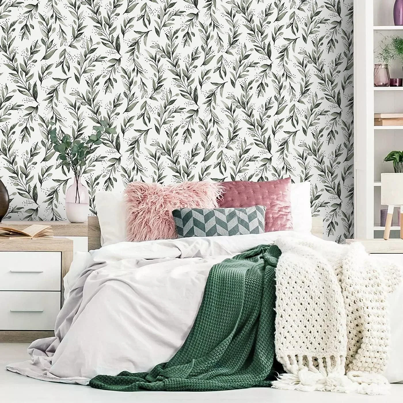 کاغذ دیواری طرح برگ سبز یلاجوی، کاغذ روکش طرح برگ زیتون، 44.5 * 300 سانتی متر، کاغذ دیواری سبز مریم گلی، کاغذ دیواری طرح اکالیپتوس، وینیل خود چسب تزئینی خنثی