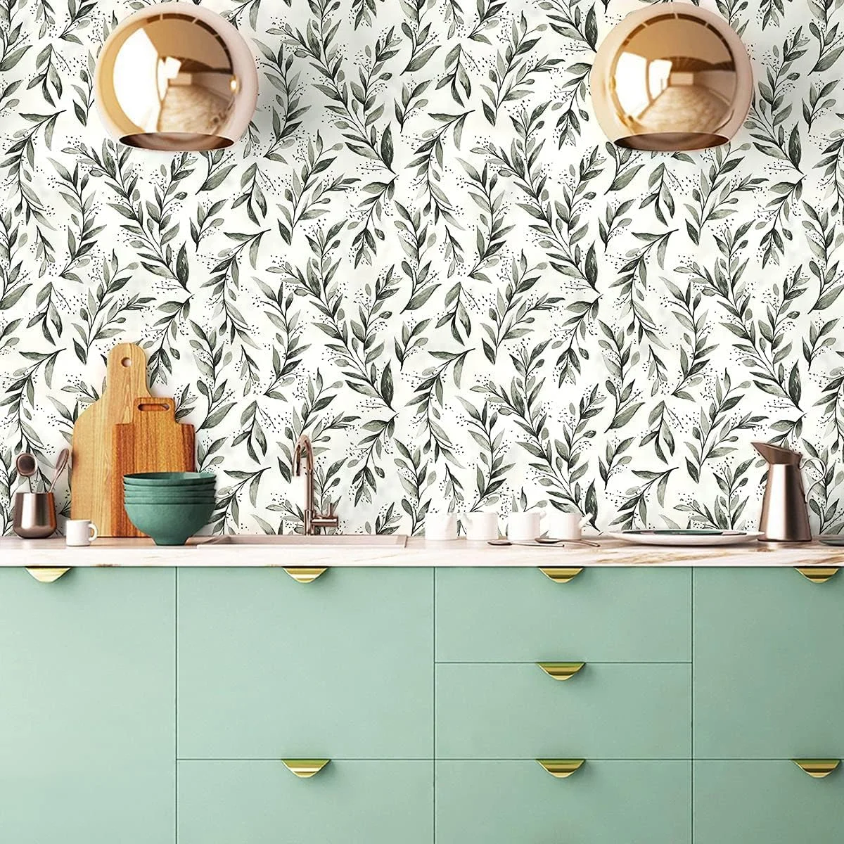 کاغذ دیواری طرح برگ سبز یلاجوی، کاغذ روکش طرح برگ زیتون، 44.5 * 300 سانتی متر، کاغذ دیواری سبز مریم گلی، کاغذ دیواری طرح اکالیپتوس، وینیل خود چسب تزئینی خنثی