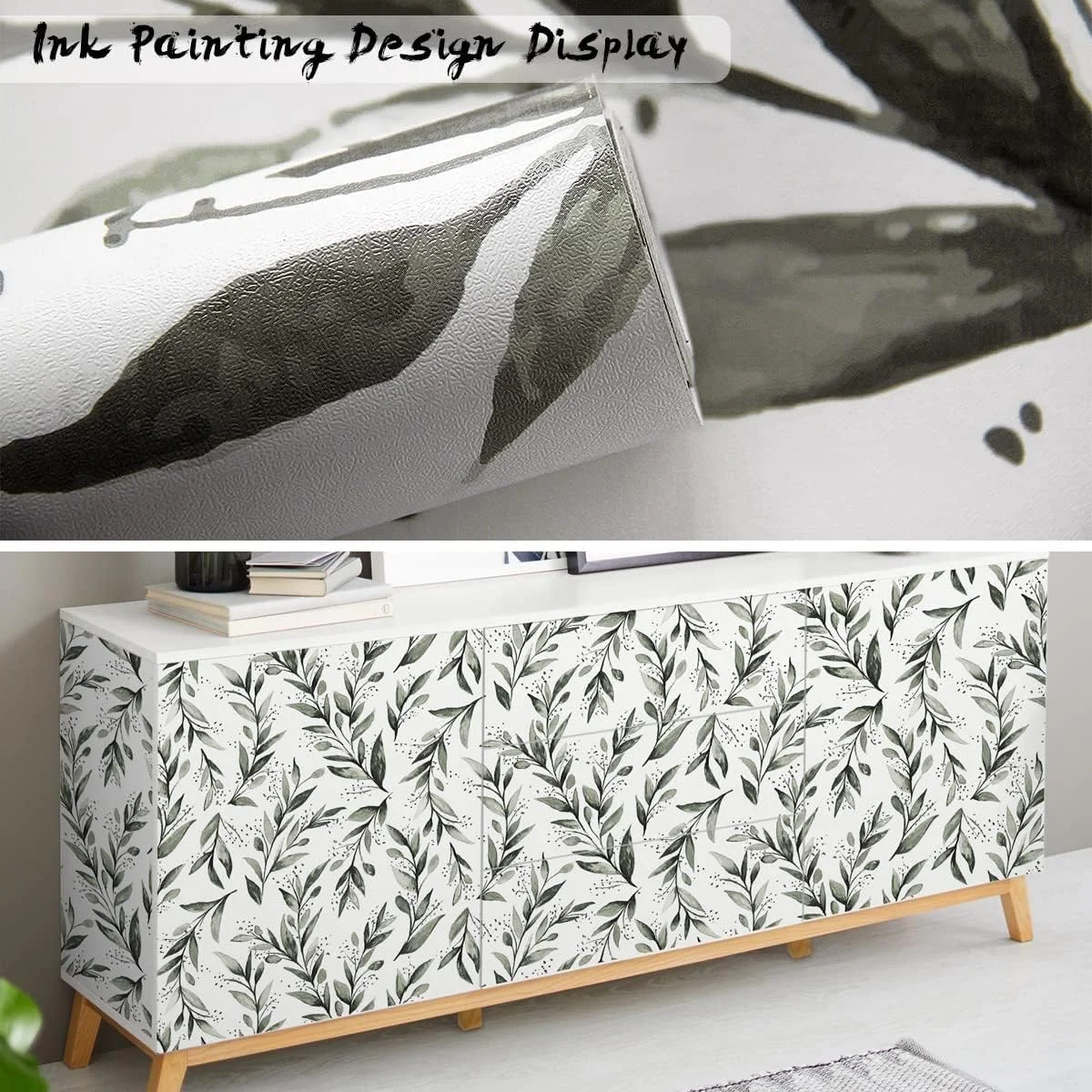 کاغذ دیواری طرح برگ سبز یلاجوی، کاغذ روکش طرح برگ زیتون، 44.5 * 300 سانتی متر، کاغذ دیواری سبز مریم گلی، کاغذ دیواری طرح اکالیپتوس، وینیل خود چسب تزئینی خنثی