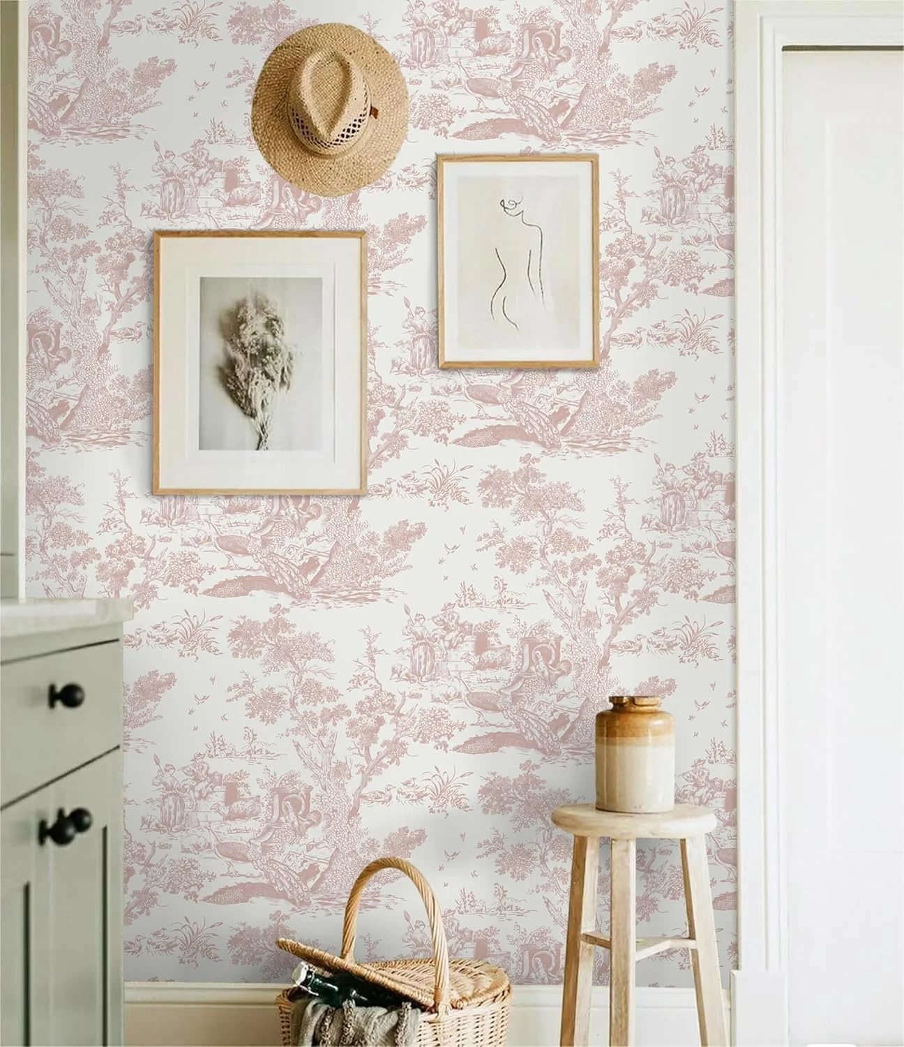 کاغذ دیواری طرح حیوانات وینتیج صورتی، 41 سانتی متر در 10 متر، کاغذ دیواری وینیل خود چسب