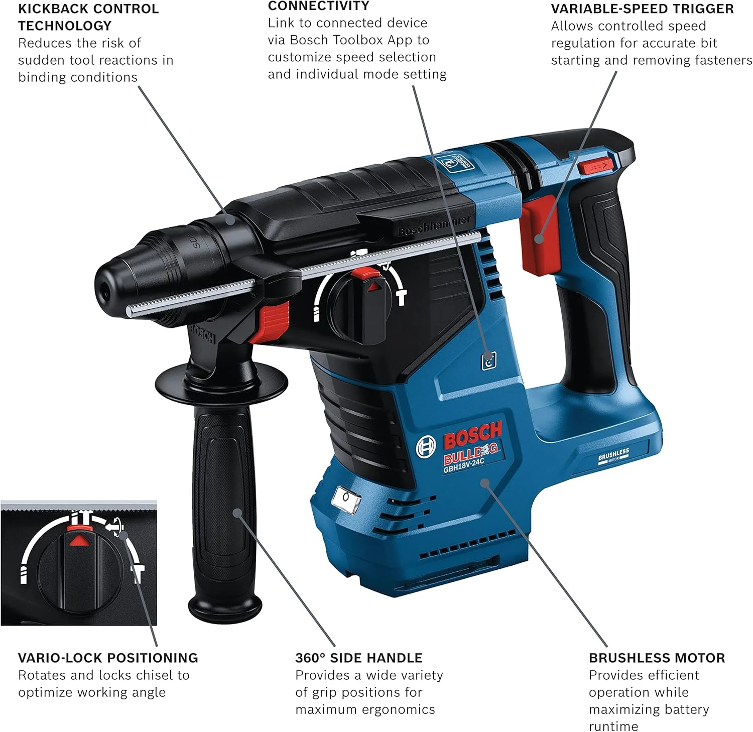 چکش تخریب بتن بوش مدل GBH18V-24CN، 18 ولت، براشلس، SDS-plus® Bulldog™، 1 اینچ (فقط ابزار) چکش تخریب بتن بوش مدل GBH18V-24CN، 18 ولت، براشلس، SDS-plus® Bulldog™، 1 اینچ (فقط ابزار)