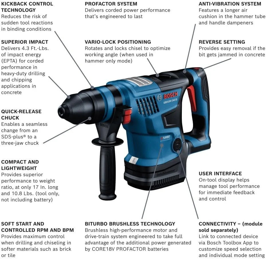 چکش تخریب بتن بوش GBH18V-34CQN PROFACTOR™ 18V SDS-plus® Bulldog™ 1-1/4 اینچ (فقط ابزار)