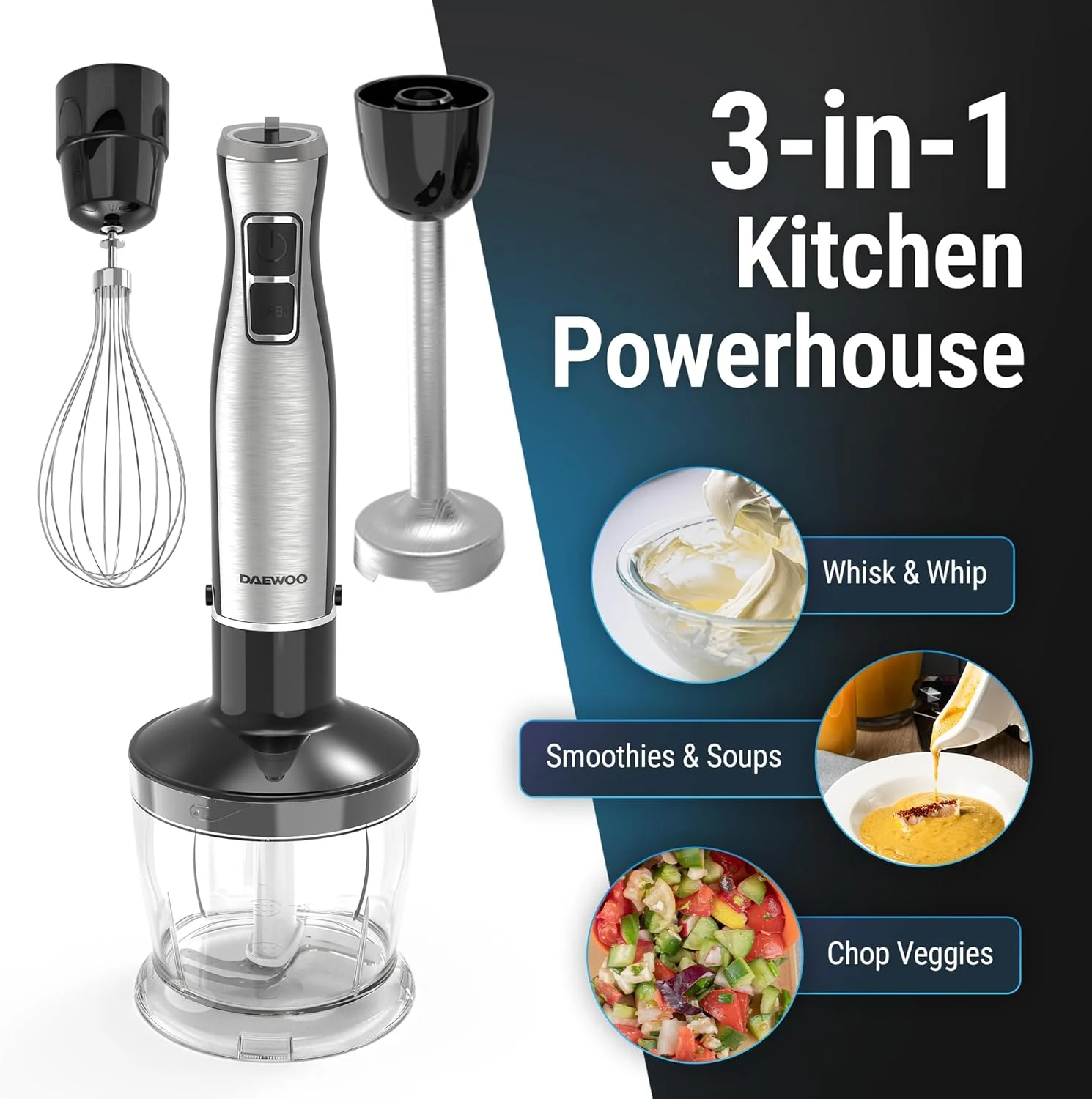 مخلوط کن دستی 3 در 1 دوو - مخلوط کن غوطه وری با همزن و غذاساز موتور 600 وات با شماره گیری سرعت قابل تنظیم، تیغه های فولادی ضد زنگ ایمن در ماشین ظرفشویی با عملکرد توربو، DHB-102A