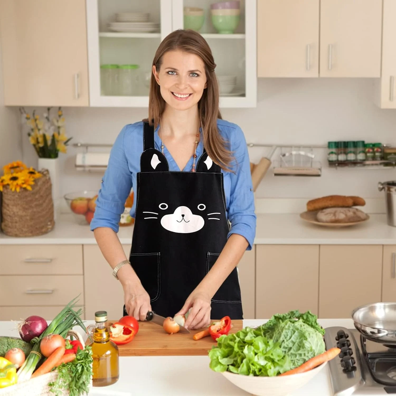 پیش بند آشپزی آزونی، پیش بند نرم و قابل تنظیم با 2 جیب برای مردان و زنان (مشکی)