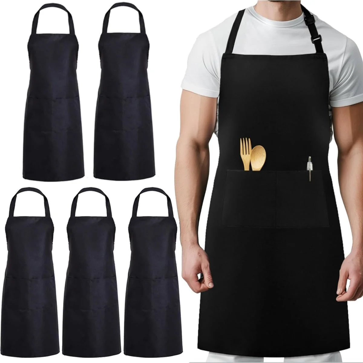 ۵ عدد پیش بند آشپزی مشکی با ۲ جیب، پیش بند قابل تنظیم ضد آب برای آشپزی، باغبانی، نقاشی، پخت و پز، رستوران، باربیکیو و قهوه ۵ عدد پیش بند آشپزی مشکی با ۲ جیب، پیش بند قابل تنظیم ضد آب برای آشپزی، باغبانی، نقاشی، پخت و پز، رستوران، باربیکیو و قهوه