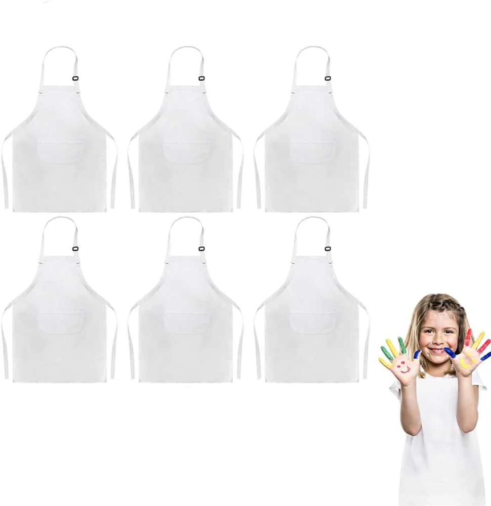 ست 6 عددی پیش بند آشپزی قابل تنظیم کودکان - پیش بند سفید برای پخت و پز، شیرینی پزی و فعالیت های هنری - ایده آل برای پسران و دختران، مناسب برای سرآشپزهای کوچک در آشپزخانه