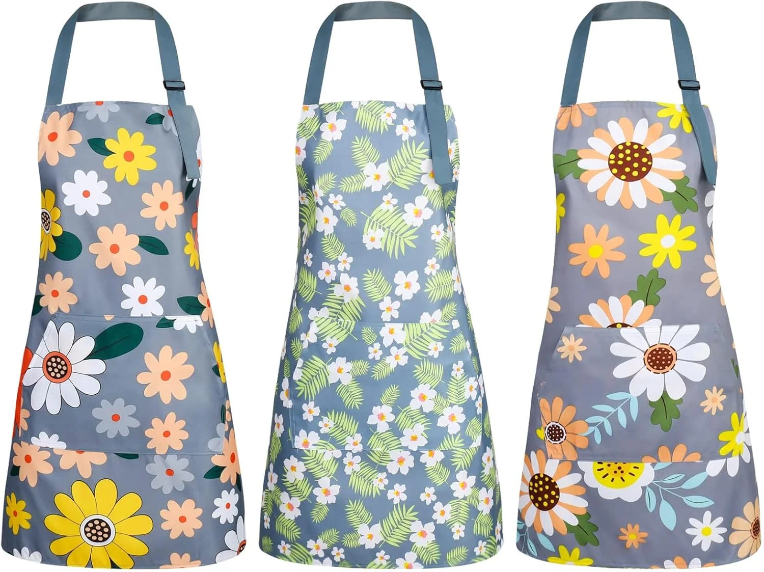 پیشبند آشپزخانه زنانه KOWVOWZ، ضد آب با جیب، پیشبند گردنی قابل تنظیم طرح گل برای آشپزی، پخت و باغبانی (3 عدد)
