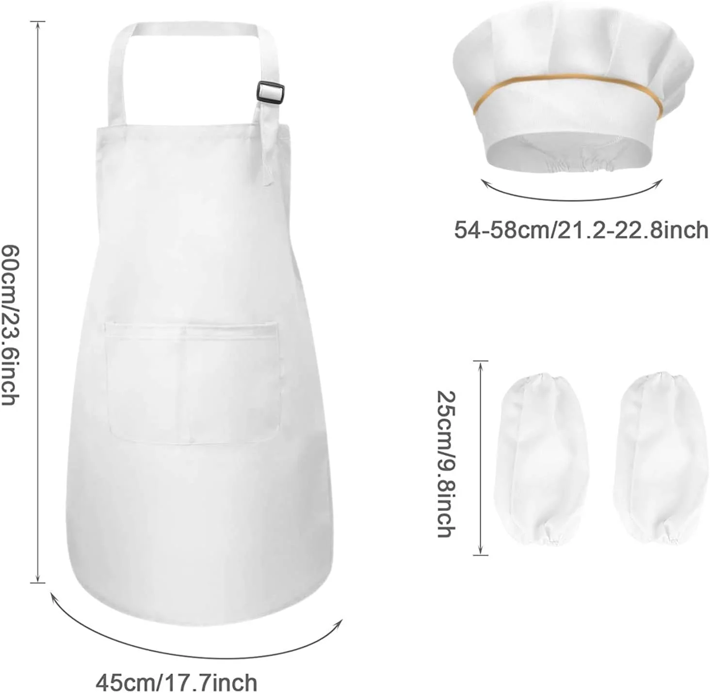 ست پیش بند، کلاه و آستین آشپزی کودکانه مومو بر، پیش بند قابل تنظیم با 2 جیب، لباس آشپز برای کودکان 5 تا 12 ساله، مناسب نقاشی، آشپزی، باغبانی در خانه، آشپزخانه، مدرسه و فضای باز (سفید، بزرگ)