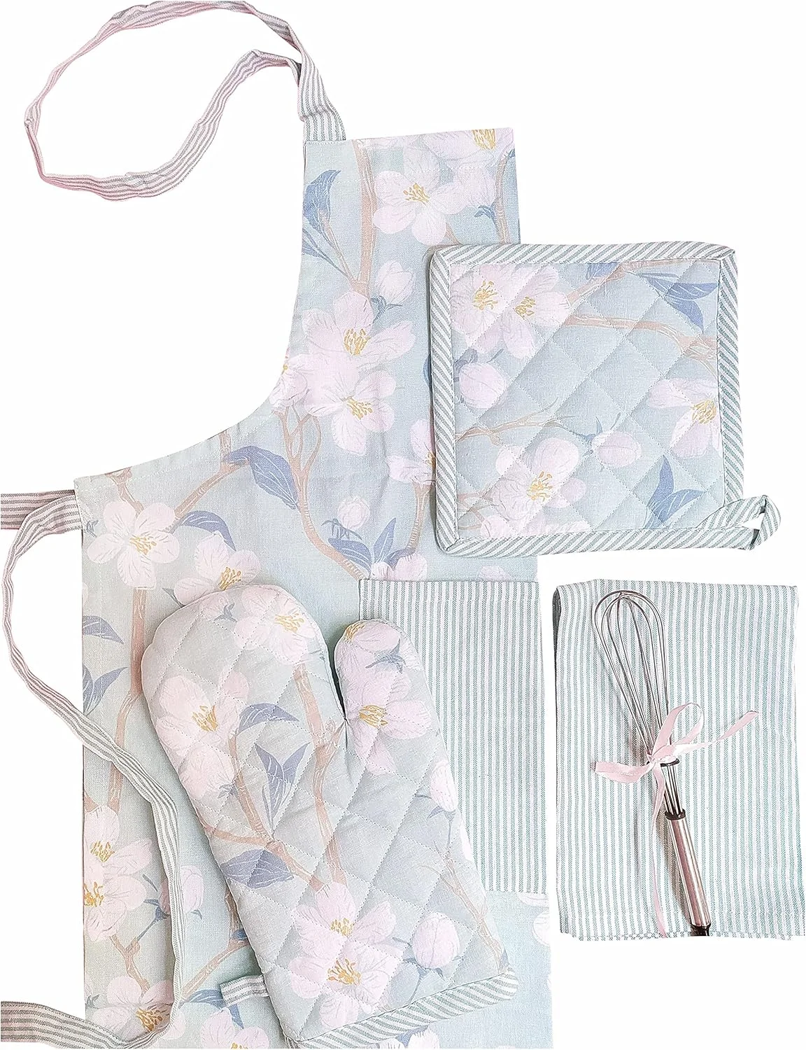 پیش بند چاپی پیکسل هوم دکور به همراه دستکش فر، دستگیره قابلمه و حوله آشپزخانه - مجموعه شکوفه گیلاس (شکوفه آبی)