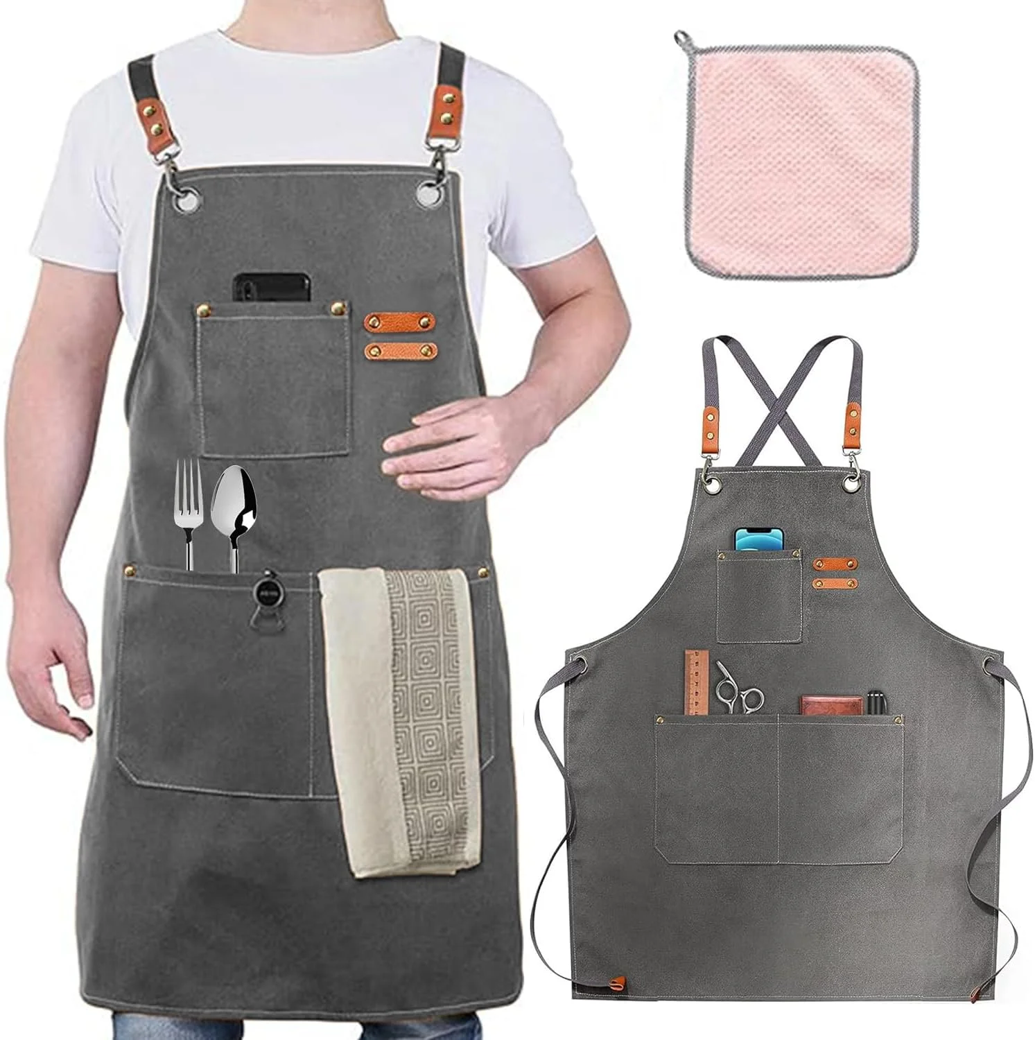 پیش بند آشپزی STAYOUNG برای مردان و زنان با جیب های بزرگ - پیش بند ابزار با بندهای قابل تنظیم برای هنرمندان نقاشی آشپزی باغبان (خاکستری)