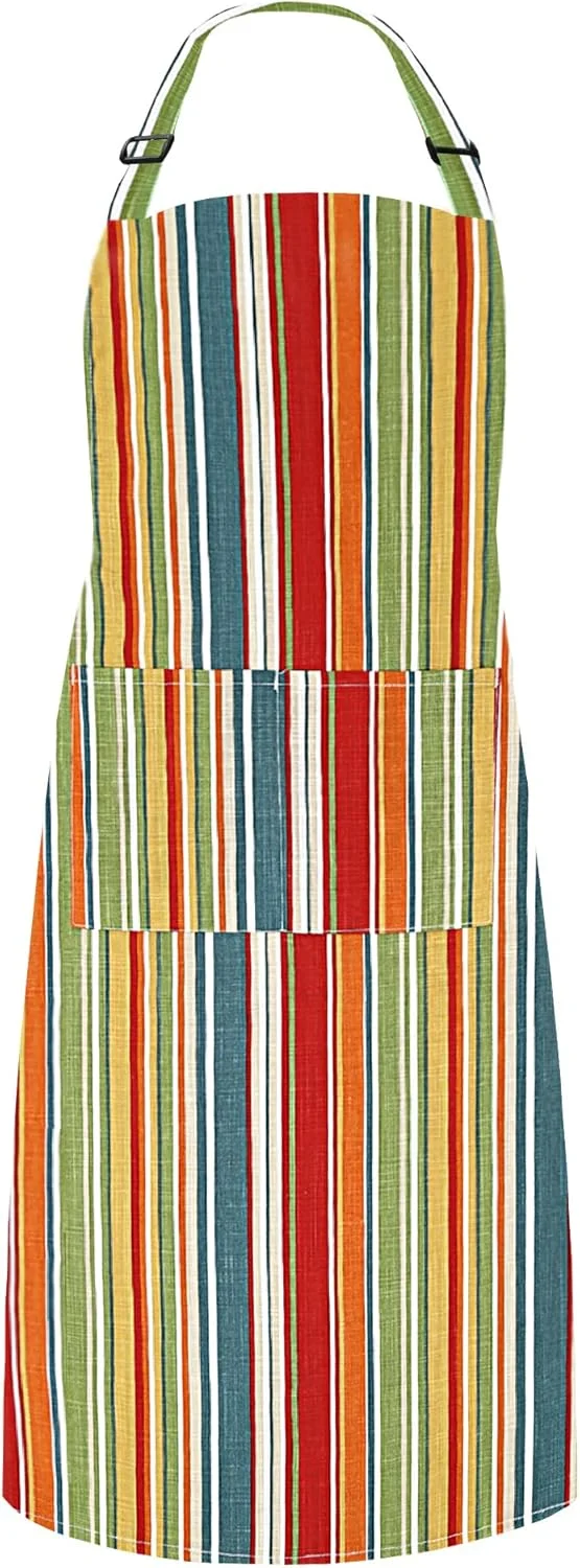 پیش بند آشپزی زنانه رووانتی، 100% پنبه، دارای جیب، قابل تنظیم تا سایز XXL، مناسب برای آشپزی، آشپزخانه، سرو، سرآشپز، طرح راه راه قرمز/زرد