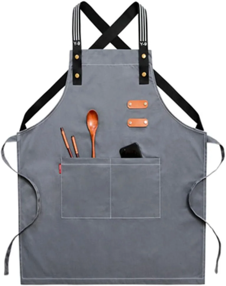 پیشبند آشپزخانه WBXZAL، پیشبند قابل تنظیم آشپز، پیشبند جین آرایشگر، قابل تنظیم برای مردان و زنان، آشپز، هنرمند تتو، باریستا، متصدی بار، پیشبندهای سرو - خاکستری