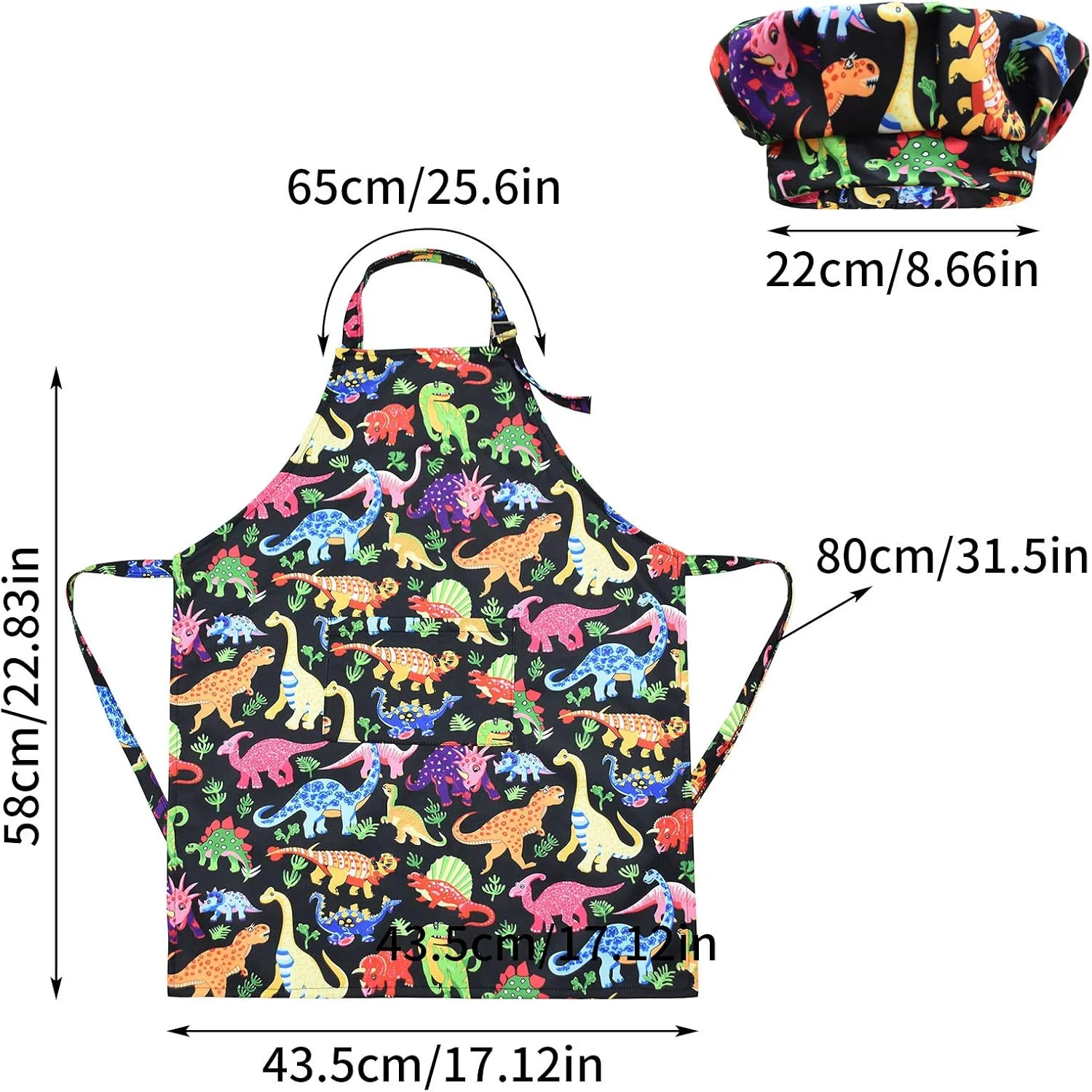 پیش بند و کلاه آشپزی کودکانه Xinstroe طرح دایناسور با جیب و بند قابل تنظیم، مناسب نقاشی، آشپزی، پخت و پز، سایز M