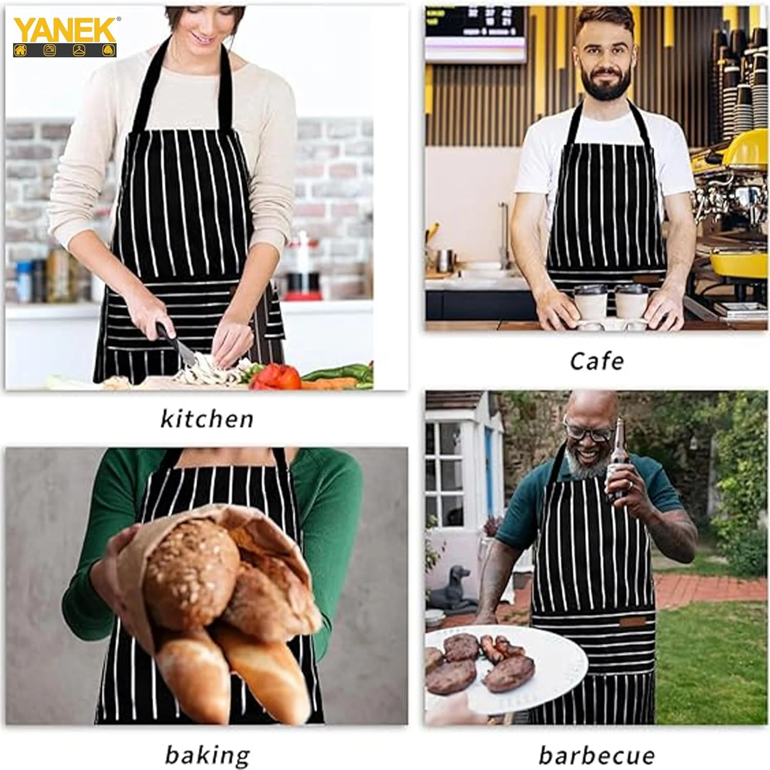 پیش بند آشپزی YANEK، بسته 2 عددی، مناسب برای آقایان و بانوان، دارای 2 جیب و بند قابل تنظیم، طرح راه راه، مناسب برای آشپزخانه منزل، رستوران، پیش بند سرآشپز، باغبانی و پخت و پز - تصویر 2