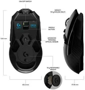 ماوس گیمینگ بی سیم Logitech G903 LIGHTSPEED با حسگر Hero 25K، سازگار با PowerPlay، بیش از 140 ساعت با باتری قابل شارژ و Lightsync RGB، دو طرفه، 107G+10G اختیاری، 25600 DPI، مشکی ماوس گیمینگ بی سیم Logitech G903 LIGHTSPEED با حسگر Hero 25K، سازگار با PowerPlay، بیش از 140 ساعت با باتری قابل شارژ و Lightsync RGB، دو طرفه، 107G+10G اختیاری، 25600 DPI، مشکی
