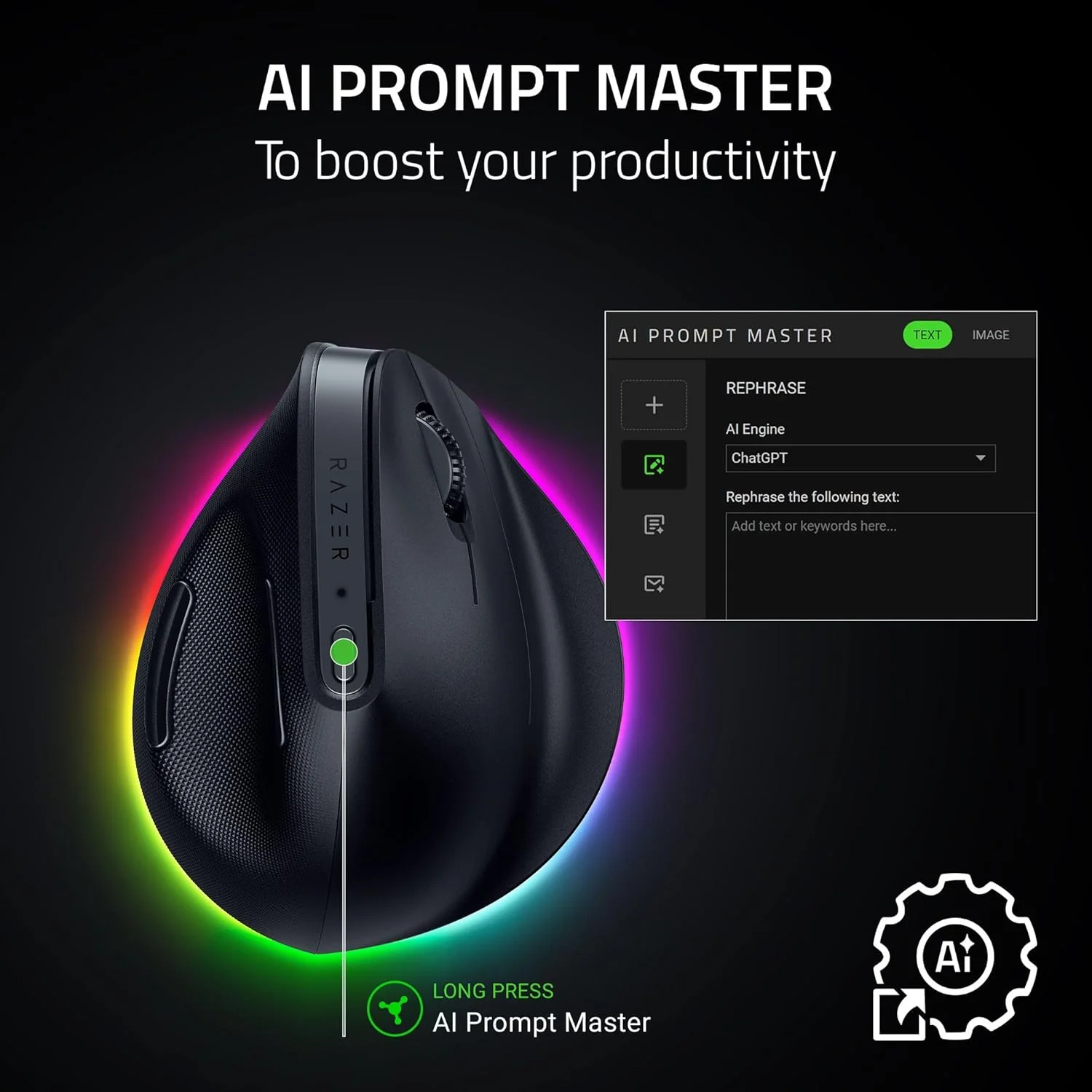 موس بی سیم عمودی Razer Pro Click V2: طراحی ارگونومیک 6 دکمه - اعلان هوش مصنوعی با یک کلیک - عمر باتری طولانی - اتصال چند دستگاه از طریق 2.4 گیگاهرتز، بلوتوث یا حالت سیمی USB C - Chroma RGB