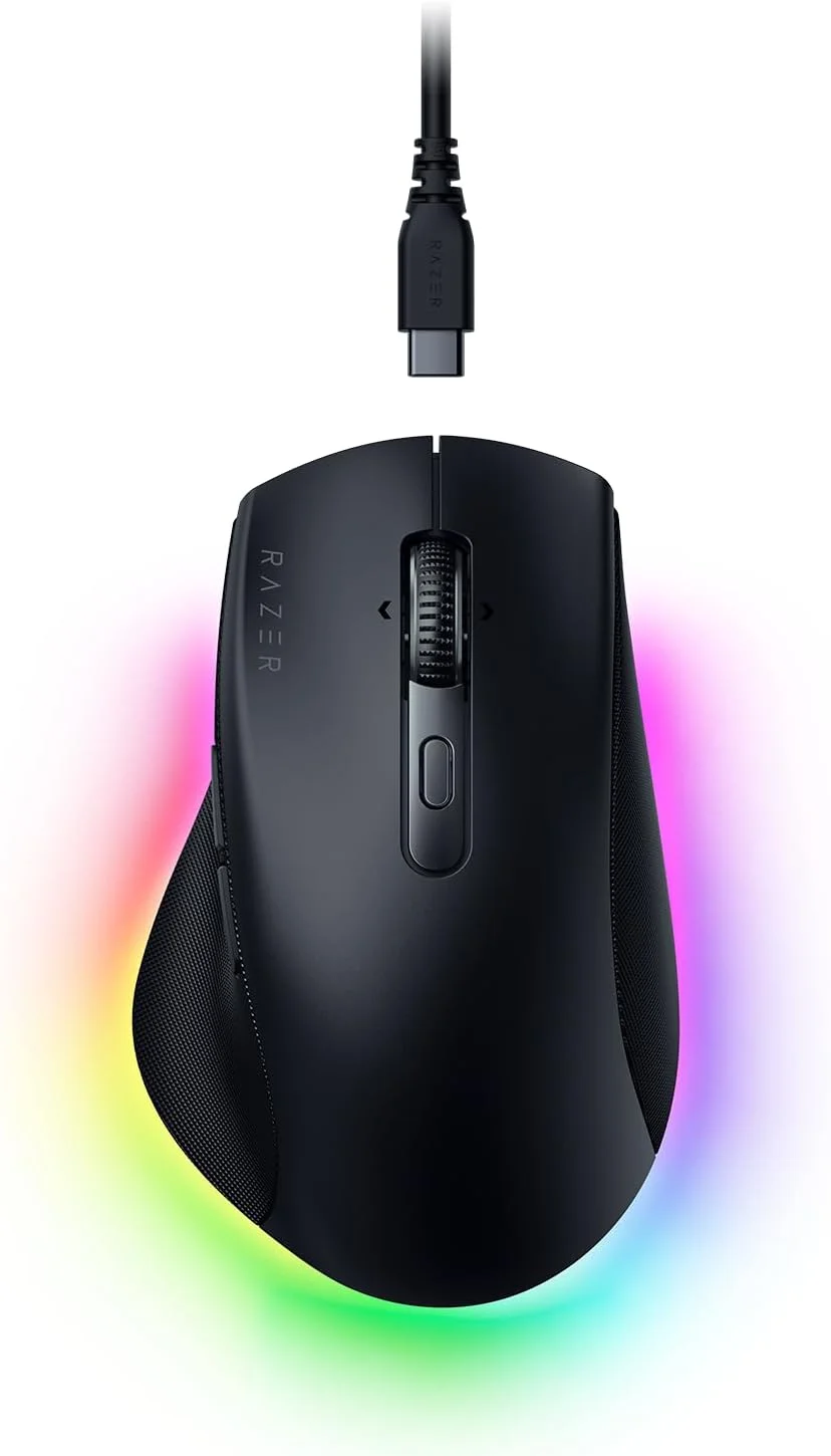 موس بی‌سیم ارگونومیک RGB راست دست Razer Pro Click V2: اتصال بی‌سیم HyperSpeed (2.4 گیگاهرتز)، بلوتوث - تا 3 دستگاه، اتصال سیمی USB-C، عمر باتری تا 3.5 ماه، 9 دکمه قابل برنامه‌ریزی - مشکی