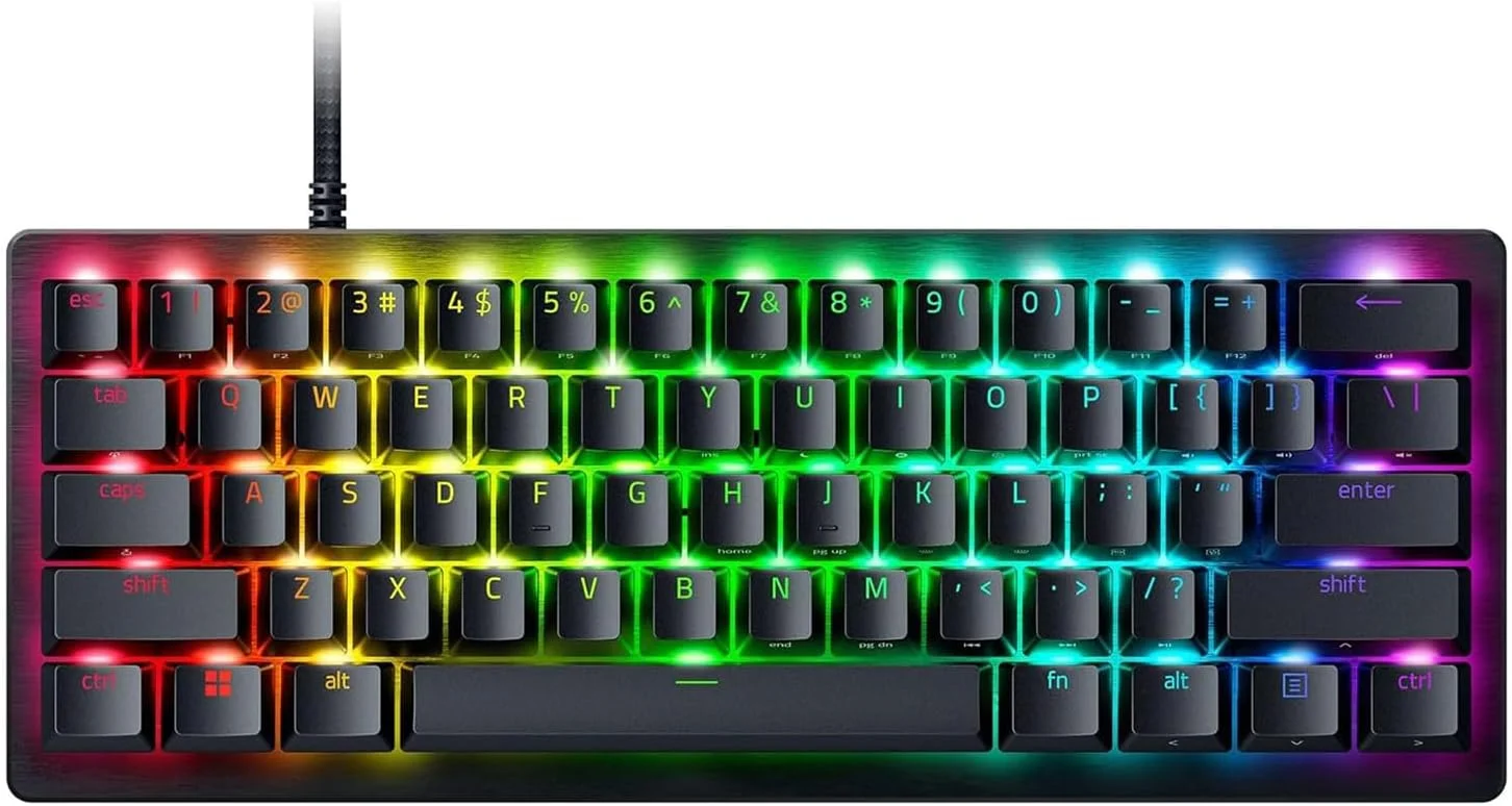 کیبورد گیمینگ 60% Razer Huntsman V3 Pro Mini، سوییچ‌های اپتیکال آنالوگ با Rapid Trigger و Actuation قابل تنظیم، تنظیمات داخلی، کلیدهای Mod دو منظوره، کلیدهای PBT Doubleshot - مشکی