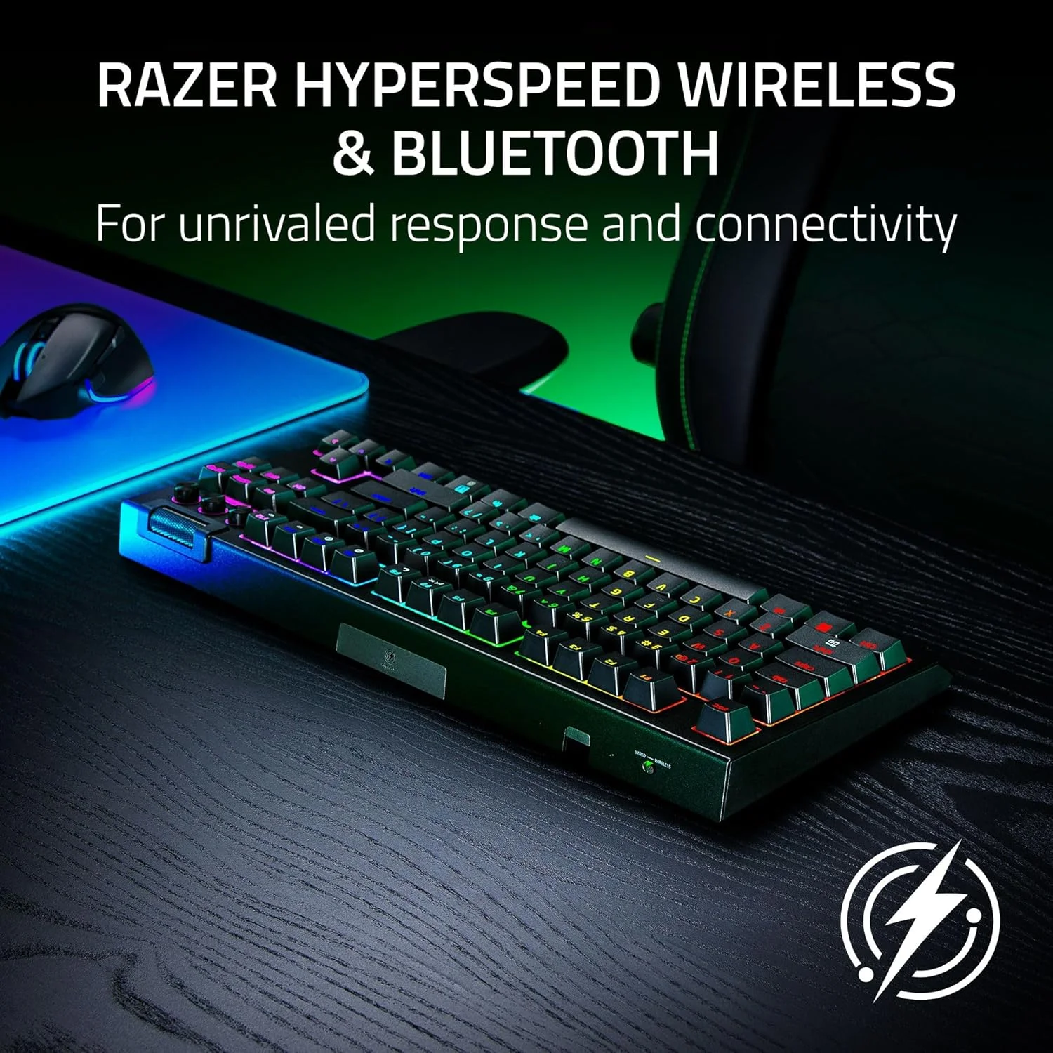کیبورد گیمینگ بی‌سیم Razer BlackWidow V4 Tenkeyless HyperSpeed با قابلیت تعویض سوییچ: سوییچ‌های مکانیکی نسل 3 (لامسه‌ای)، Chroma RGB، کلیدهای ABS دابل‌شات، کلیدهای رسانه ثانویه - مشکی