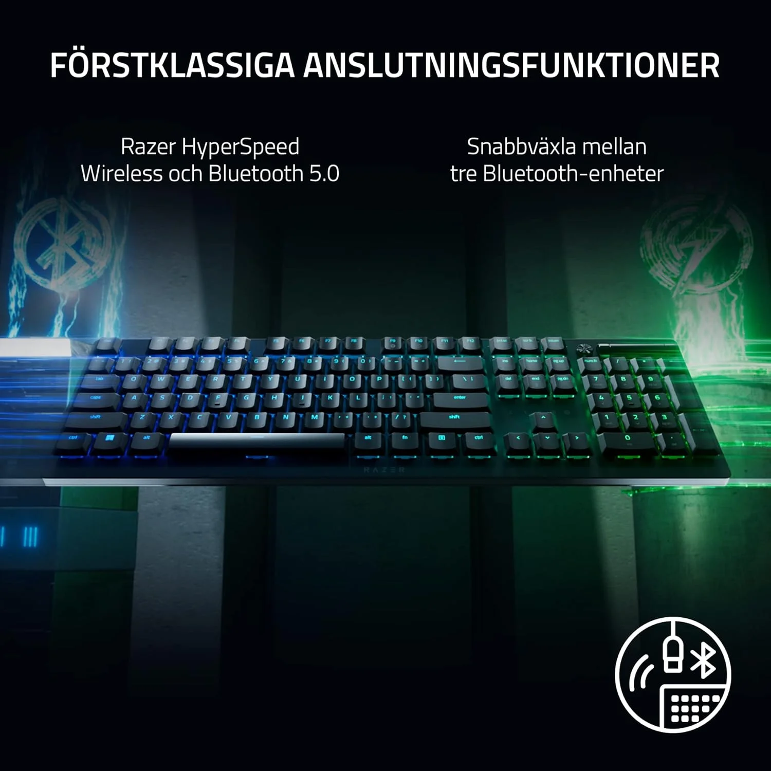 کیبورد گیمینگ Razer Deathstalker V2 Pro با نورپردازی RGB LED، کلیدهای اپتیکال (خطی) مشکی، صفحه کلید عددی، طرح‌بندی نورد و اتصال بی‌سیم