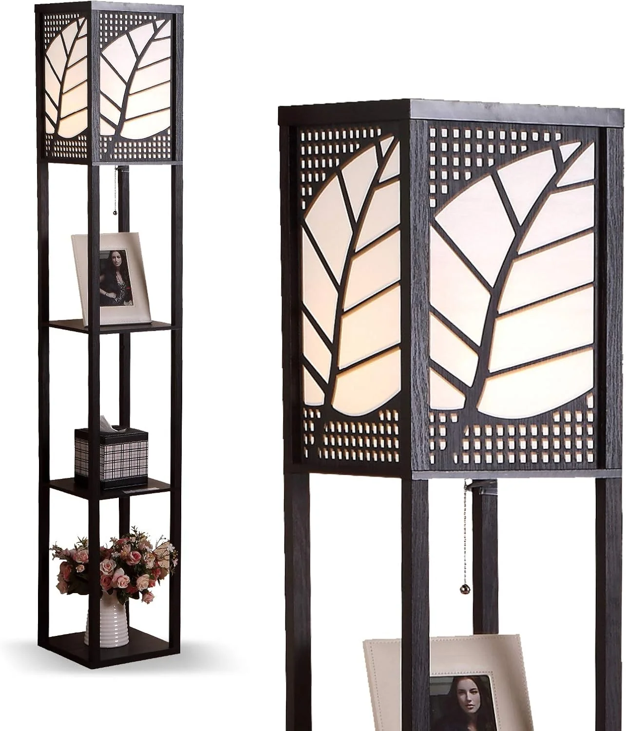 چراغ ایستاده قفسه دار LED Ganeed برای اتاق نشیمن - چراغ های ایستاده اداری قفسه گوشه - چراغ ایستاده مدرن اتاق خواب با قفسه های چوبی و سایه پارچه ای کتان