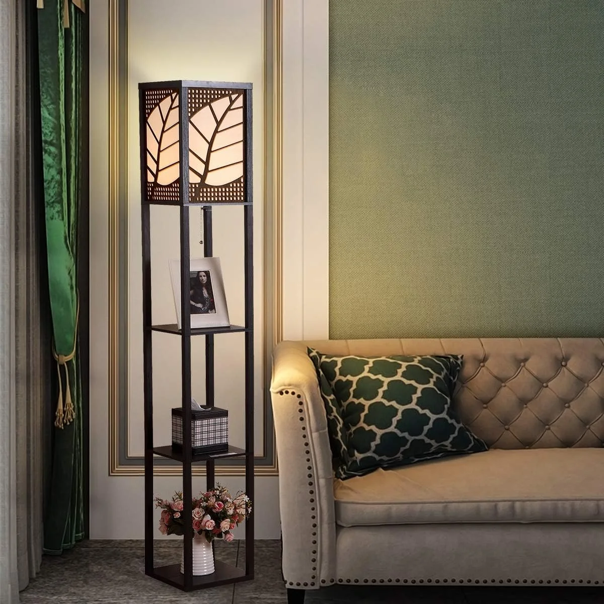 چراغ ایستاده قفسه دار LED Ganeed برای اتاق نشیمن - چراغ های ایستاده اداری قفسه گوشه - چراغ ایستاده مدرن اتاق خواب با قفسه های چوبی و سایه پارچه ای کتان