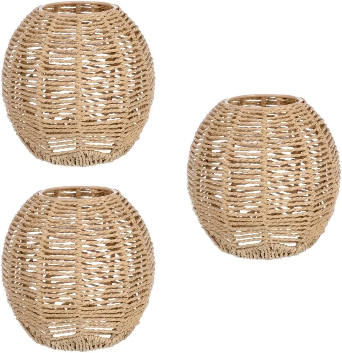 آباژور حصیری کروی بافتنی 3 عددی، پوشش چراغ حصیری آویز، چراغ های آویز صنعتی رترو، آباژورهای گنبدی بشکه ای برای خانه و محل کار