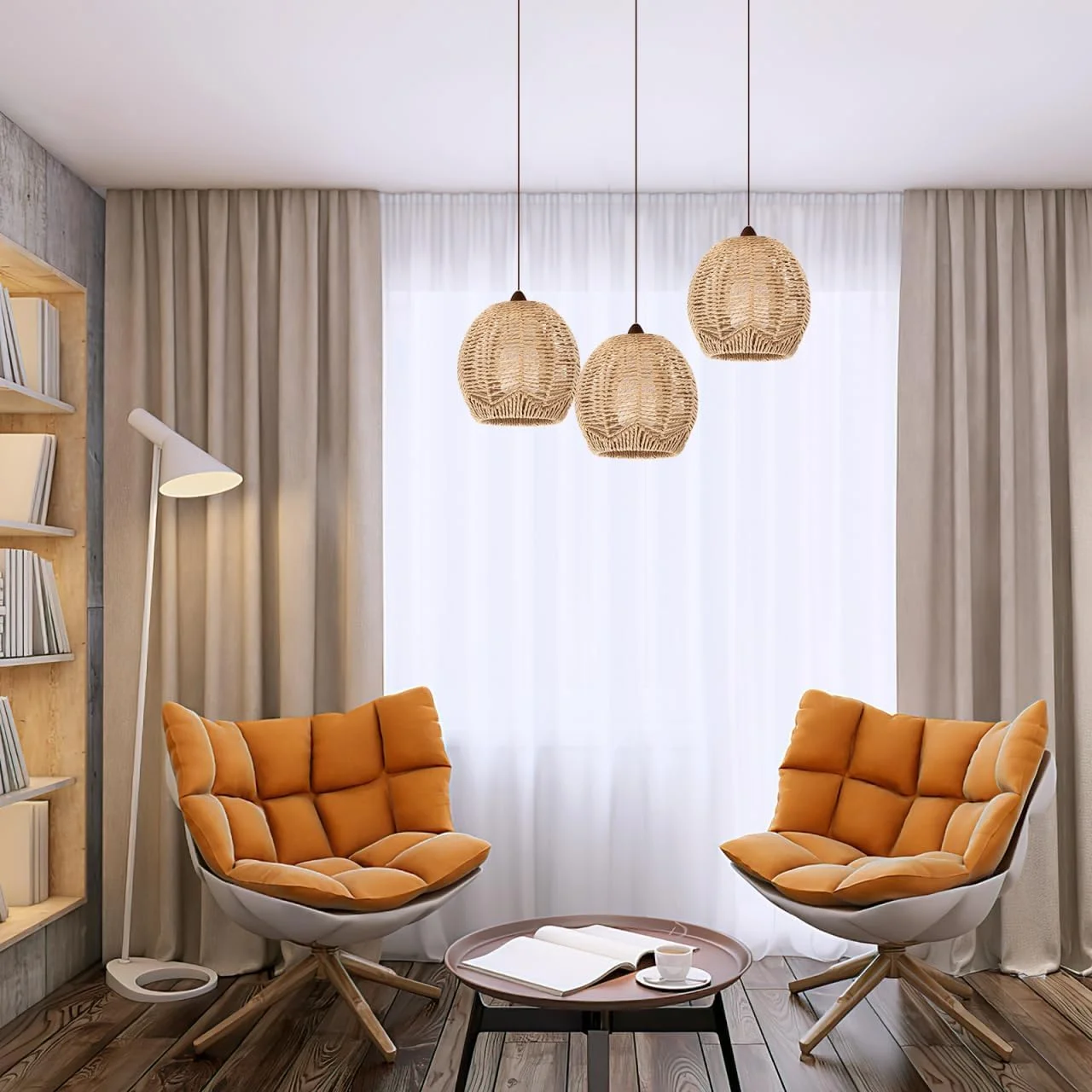 آباژور حصیری کروی بافتنی 3 عددی، پوشش چراغ حصیری آویز، چراغ های آویز صنعتی رترو، آباژورهای گنبدی بشکه ای برای خانه و محل کار