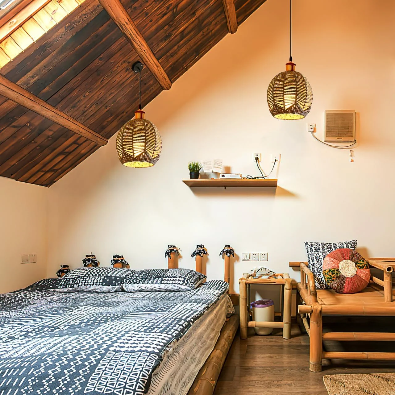 آباژور حصیری کروی بافتنی 3 عددی، پوشش چراغ حصیری آویز، چراغ های آویز صنعتی رترو، آباژورهای گنبدی بشکه ای برای خانه و محل کار