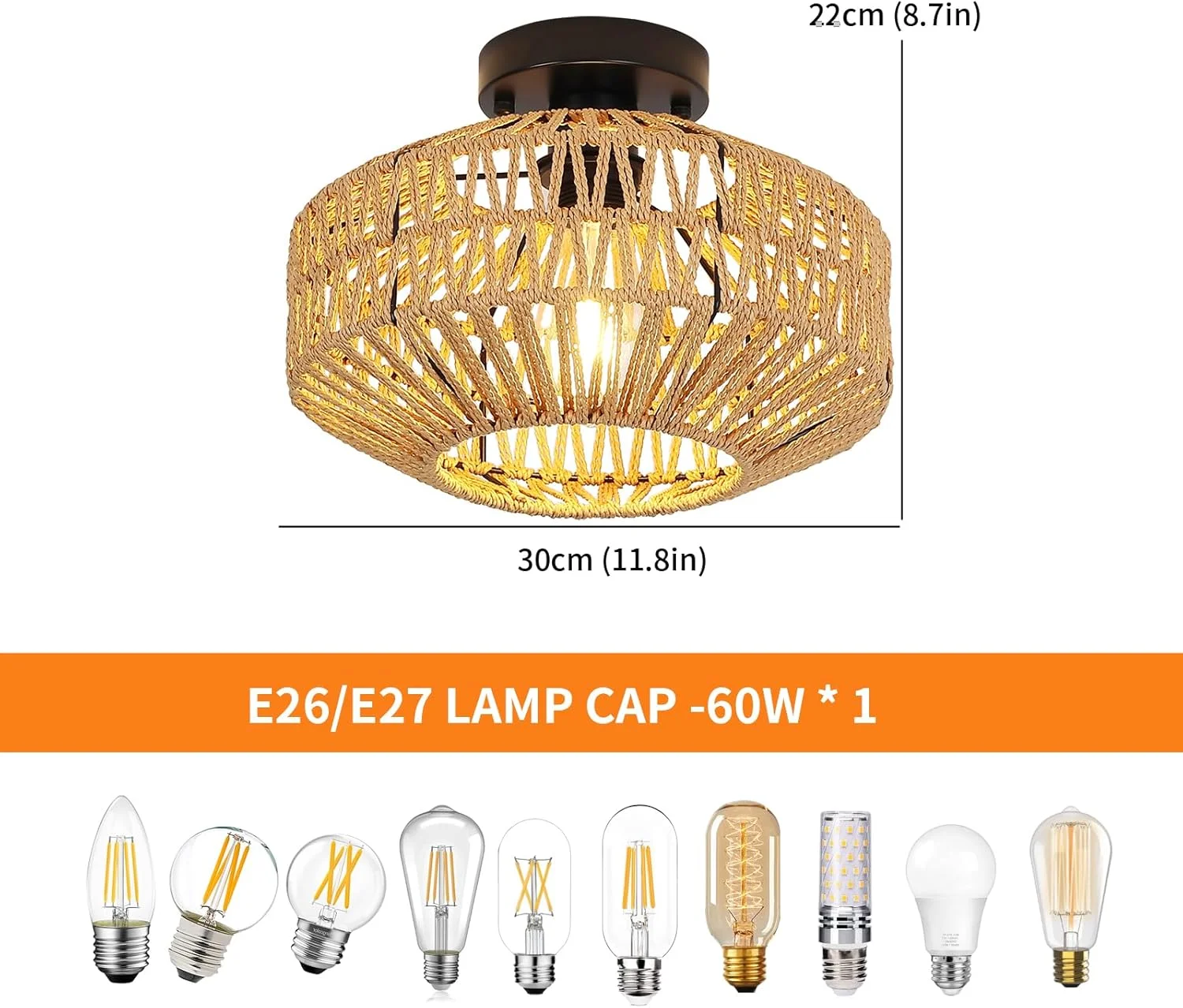 چراغ سقفی رترو Garwarm، چراغ سقفی روستیک، چراغ آویز، آباژور سبد بافتنی، چراغ حصیری وینتیج، لوستر، چراغ های سقفی صنعتی E27 برای آشپزخانه، اتاق غذاخوری 30 سانتی متر (لامپ شامل نمی شود)