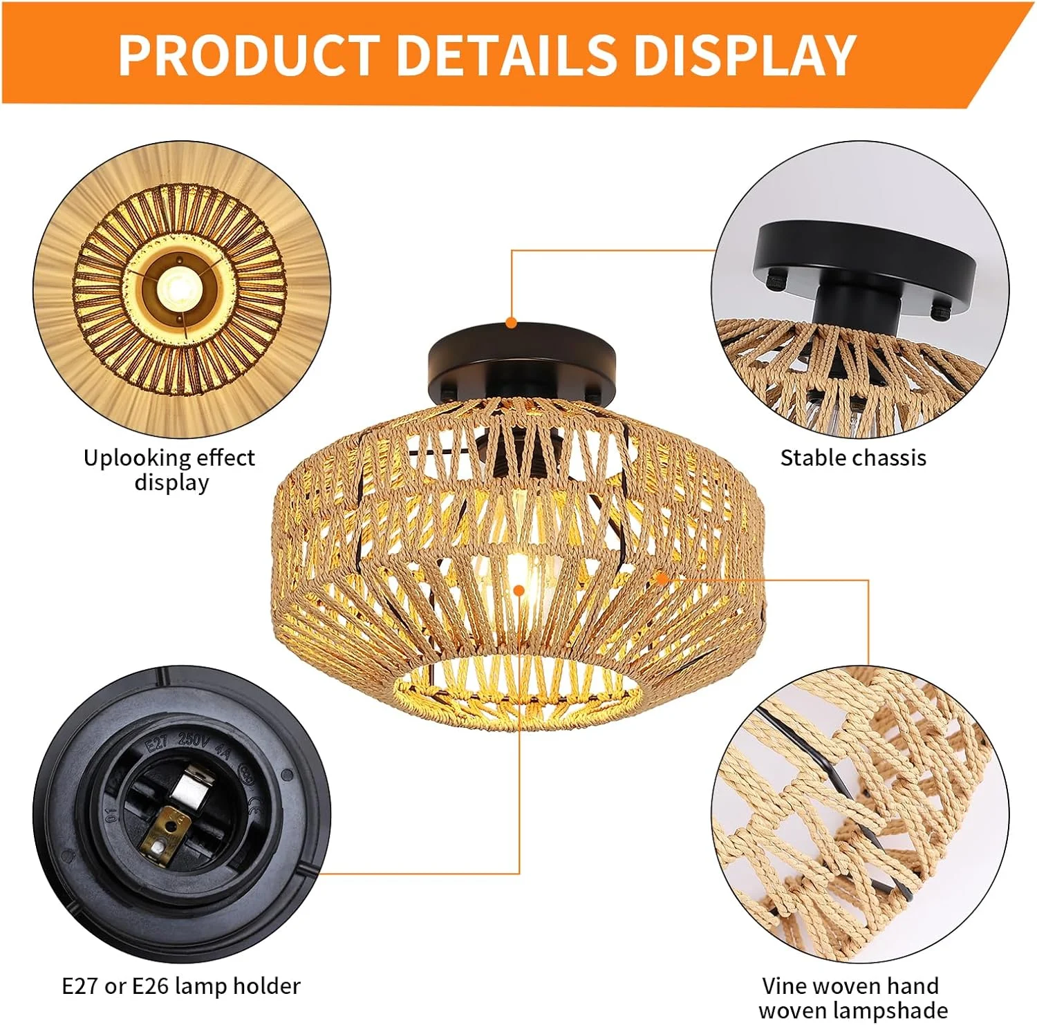 چراغ سقفی رترو Garwarm، چراغ سقفی روستیک، چراغ آویز، آباژور سبد بافتنی، چراغ حصیری وینتیج، لوستر، چراغ های سقفی صنعتی E27 برای آشپزخانه، اتاق غذاخوری 30 سانتی متر (لامپ شامل نمی شود)