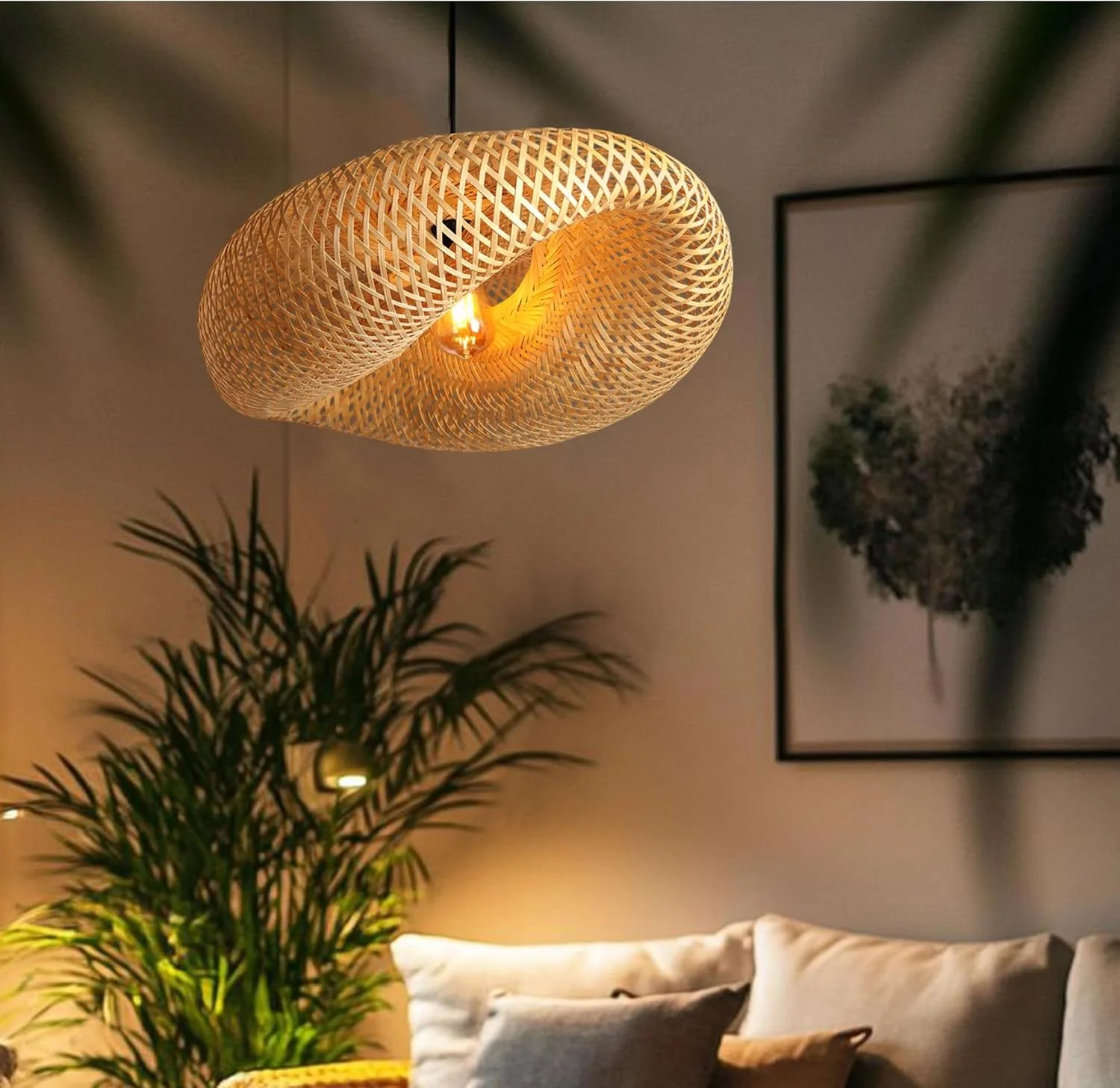 آویز حصیری بامبو طرح هند | آباژور بوهمی | نی | راتان | لامپ بافته شده (طول 60 سانتی متر، عرض 41 سانتی متر، ارتفاع 22 سانتی متر)