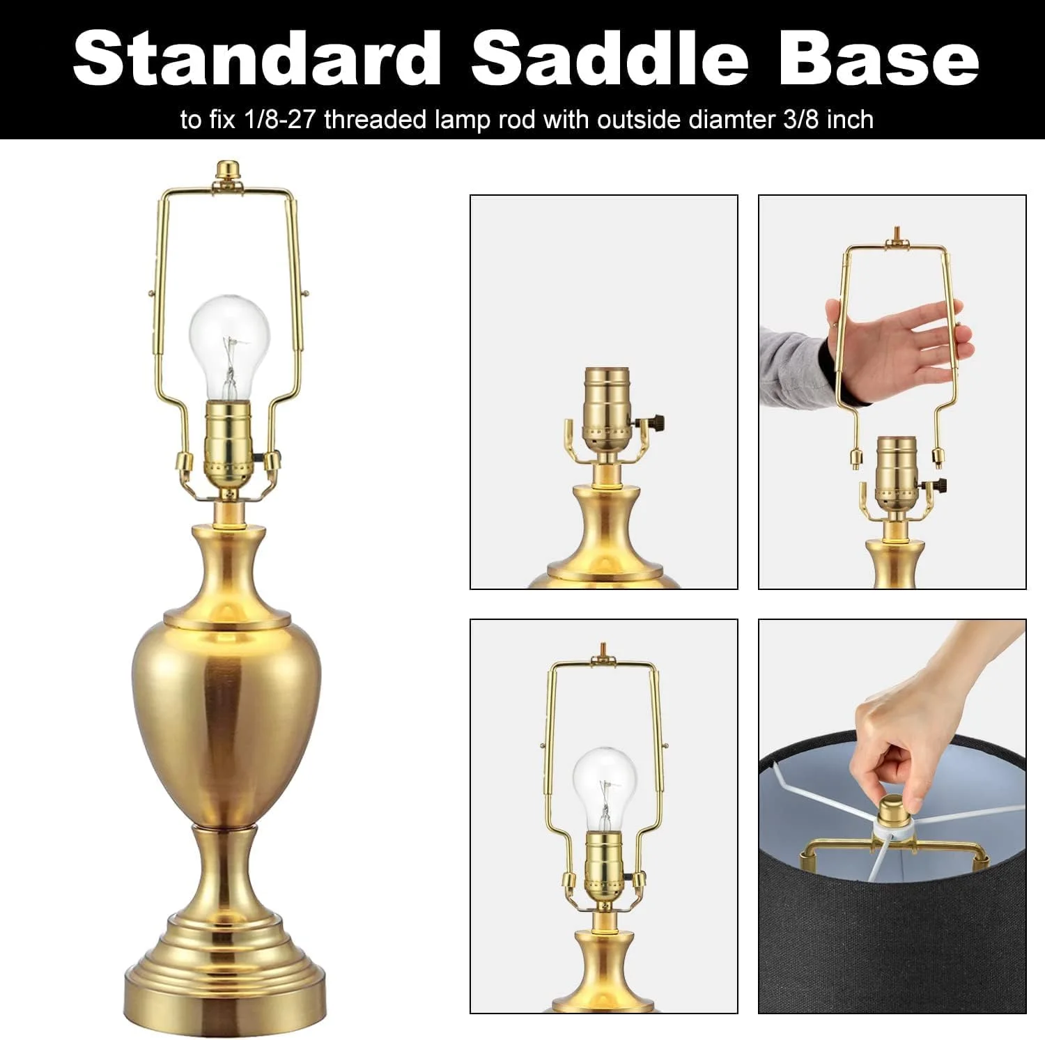 نگهدارنده شید لامپ، کیت هارپ لامپ قابل تنظیم 7 8 9 10 اینچ با سرپیچ و زین، آداپتور فیتینگ UNO، سازگار با پایه E14 E26 E27، قاب هارپ برنجی برای لامپ های رومیزی یا ایستاده (طلایی)