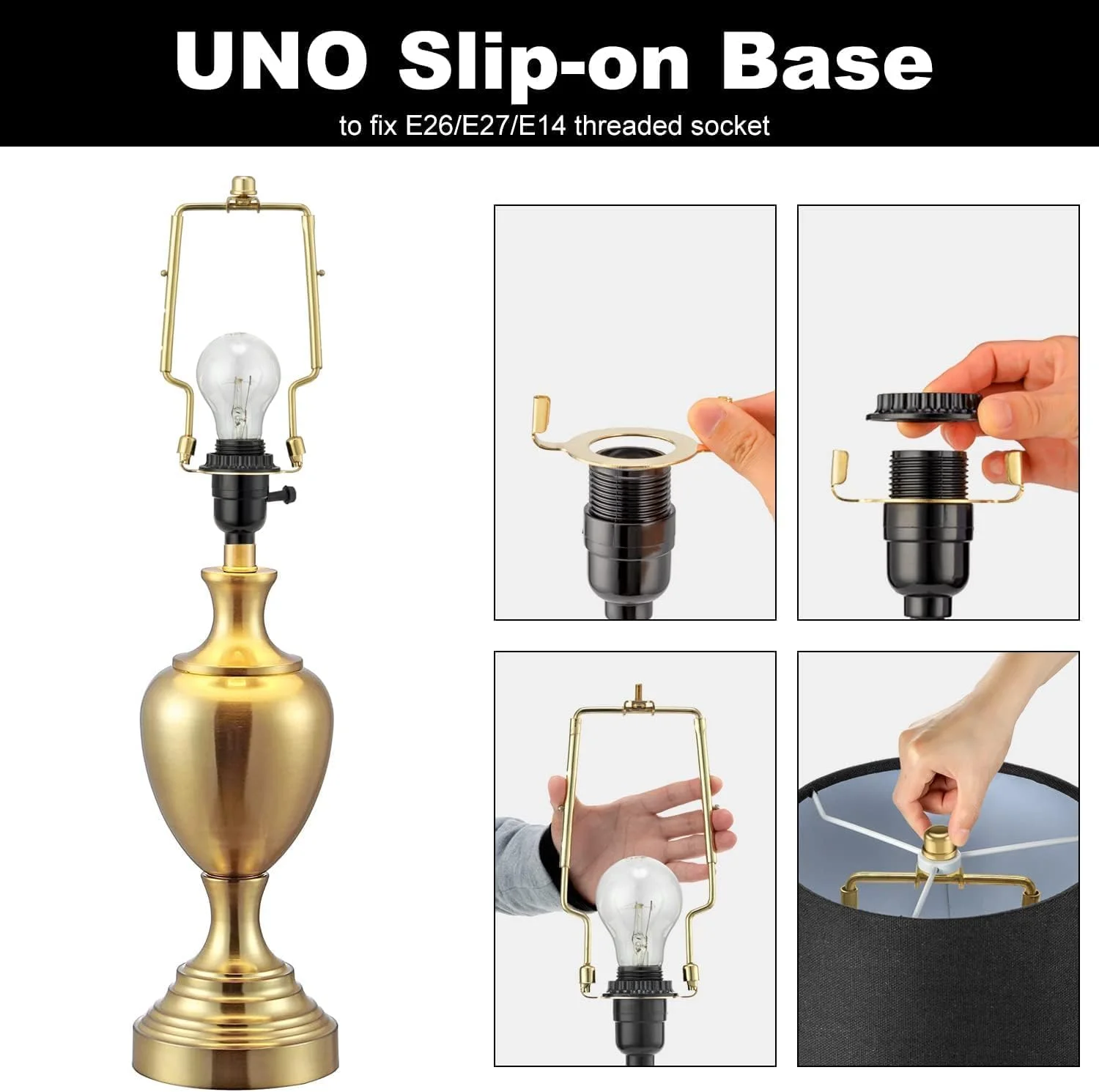 نگهدارنده شید لامپ، کیت هارپ لامپ قابل تنظیم 7 8 9 10 اینچ با سرپیچ و زین، آداپتور فیتینگ UNO، سازگار با پایه E14 E26 E27، قاب هارپ برنجی برای لامپ های رومیزی یا ایستاده (طلایی)