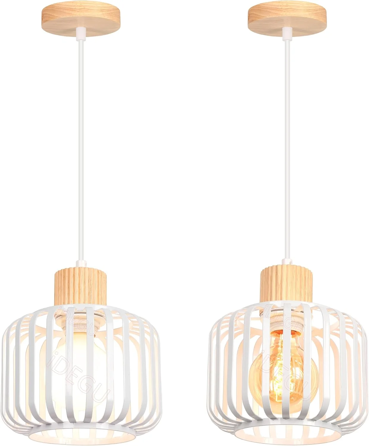 iDEGU ست 2 تایی چراغ آویز رترو، آباژور قفسه ای، چراغ آویز فلزی چوبی صنعتی برای اتاق خواب، اتاق نشیمن، آشپزخانه، اتاق غذاخوری، رستوران (سفید، 18 سانتی متر)