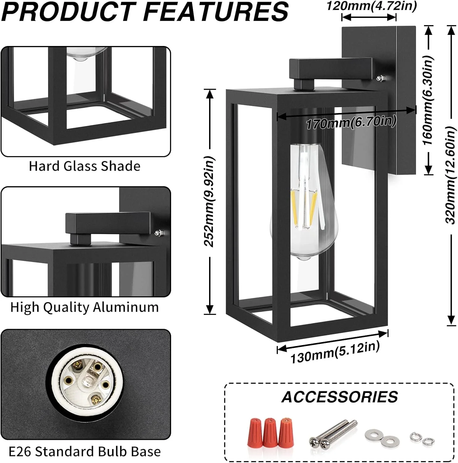 چراغ دیواری بیرونی HUADEEC، چراغ دیوارکوب ضد آب بیرونی با سرپیچ پایه E26، روکش مشکی مات ضد زنگ و حباب شیشه ای شفاف، مناسب ایوان، بسته 1 عددی
