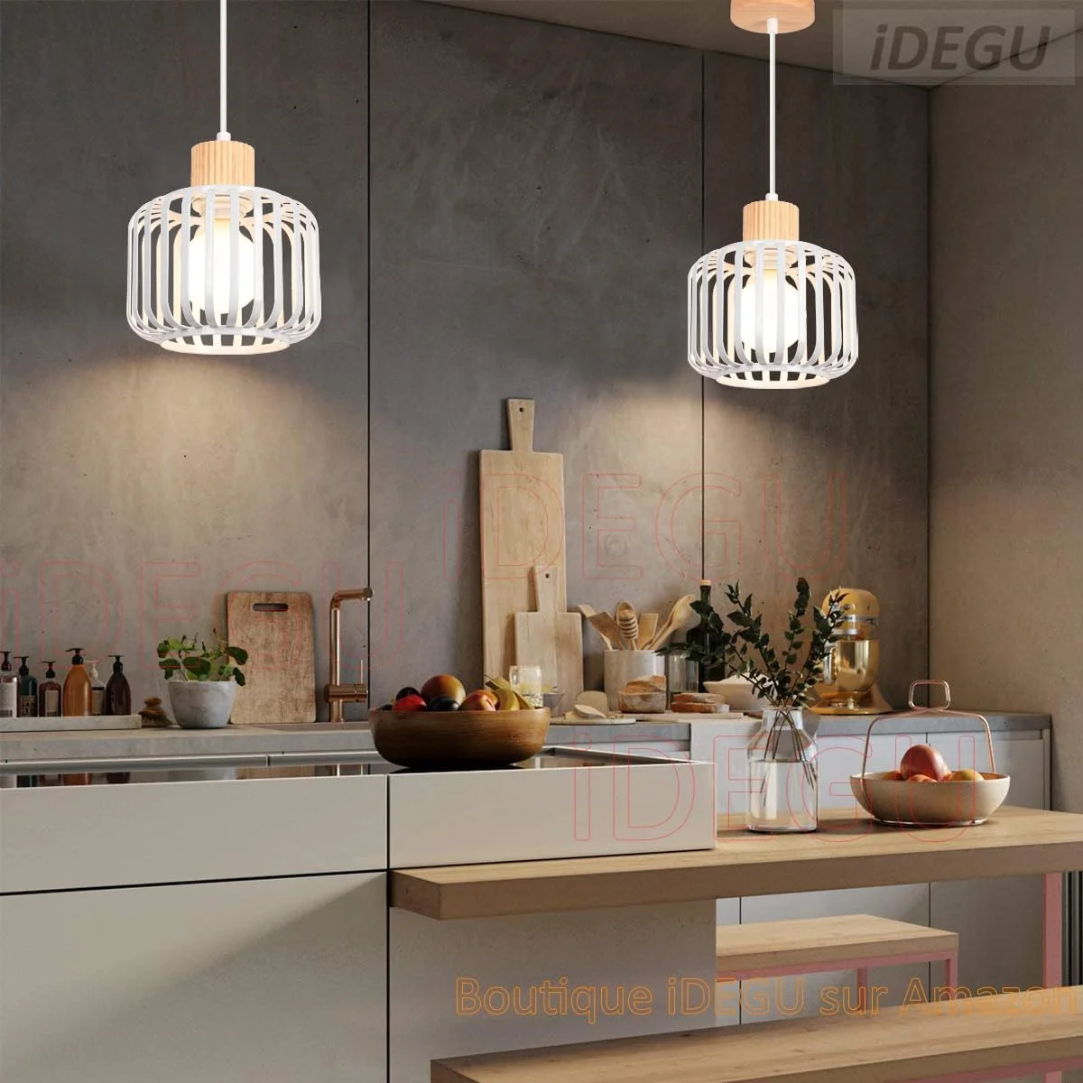 iDEGU ست 2 تایی چراغ آویز رترو، آباژور قفسه ای، چراغ آویز فلزی چوبی صنعتی برای اتاق خواب، اتاق نشیمن، آشپزخانه، اتاق غذاخوری، رستوران (سفید، 18 سانتی متر)