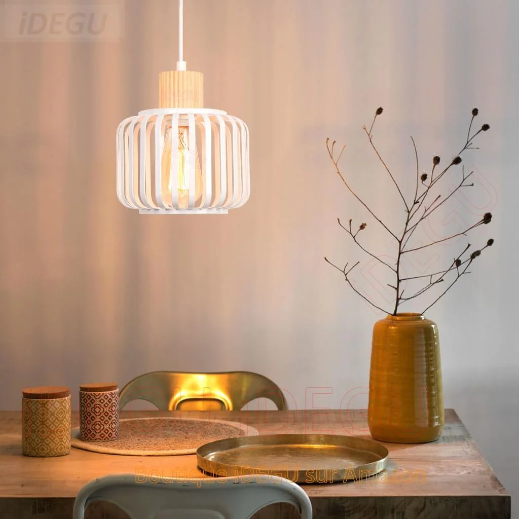 iDEGU ست 2 تایی چراغ آویز رترو، آباژور قفسه ای، چراغ آویز فلزی چوبی صنعتی برای اتاق خواب، اتاق نشیمن، آشپزخانه، اتاق غذاخوری، رستوران (سفید، 18 سانتی متر)
